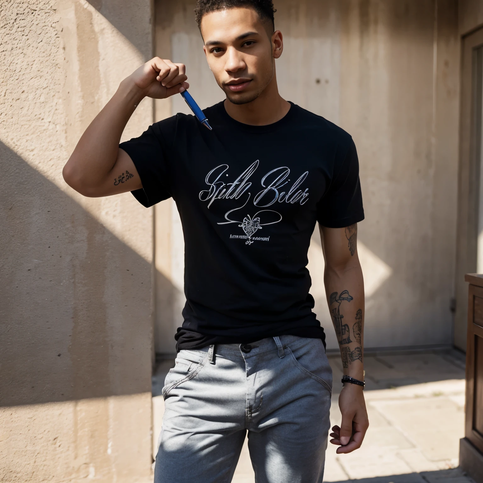 a skinny mixed man showing a signature made with a pen on his naked ass but he’s wearing a t-shirt and a pant