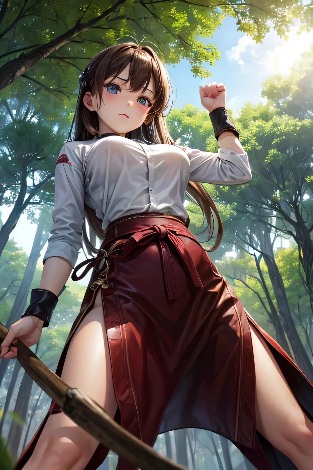 masterpiece, highest quality, Sophia Estido, Barrette, Pink Shirt, corset, Pencil Skirt, stockings, Knee-high boots, standing, ((Holding a sword in his right hand)), Combat pose、Spread your legs、Bend both knees slightly、Quiz Formula, Looking at the audience, rocky coast, big, null, (Squat、One knee:1.5)、(Spread your legs:1.5)、((Showing white panties))、Good lift、Showing off a white bra、Troubled face、climax、Excited、close your eyes、Open your mouth、Sword Drawing Technique, Battoujutsu