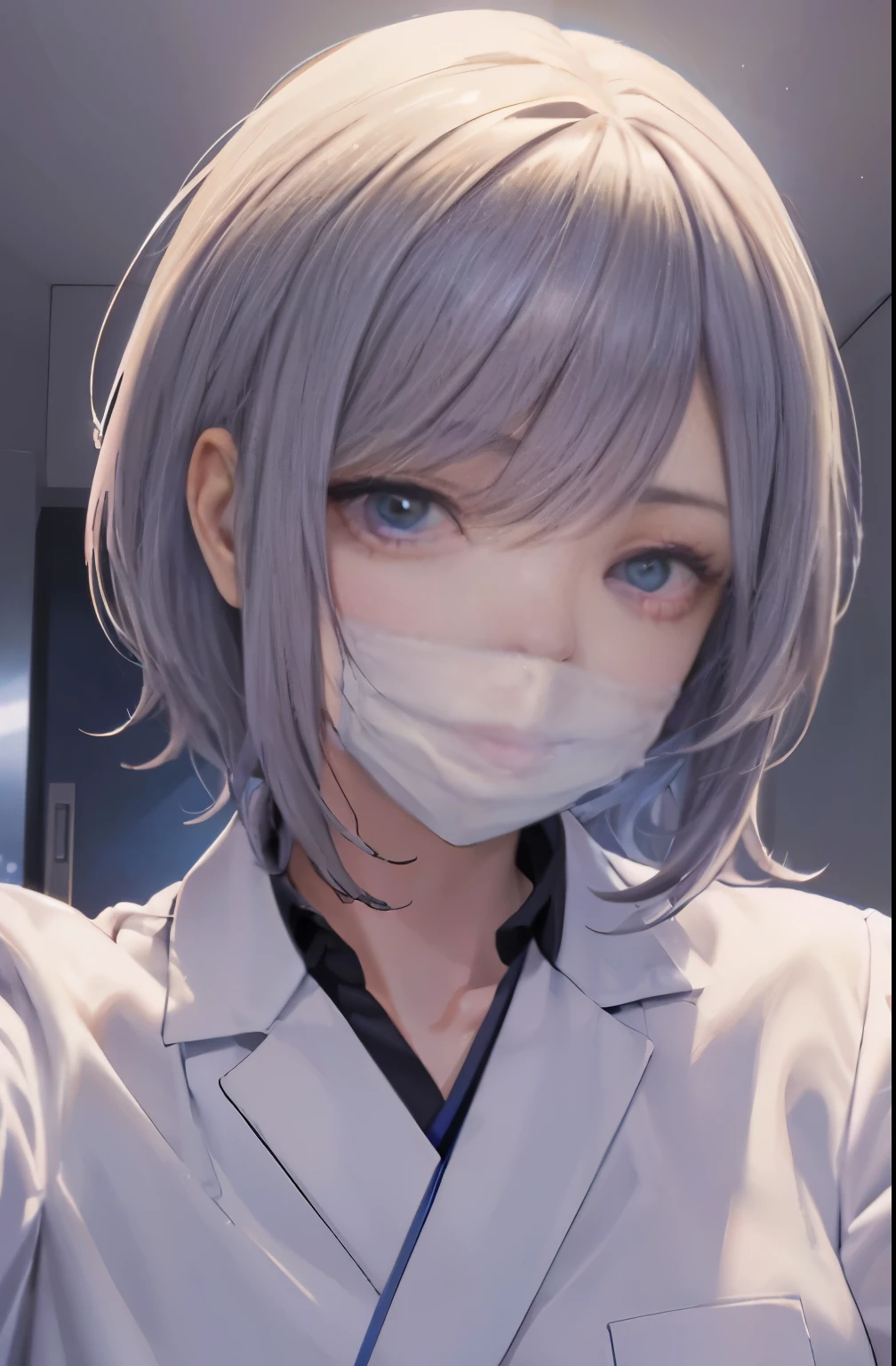 Dental hygienist、Look into the face、(from below), throw,white coat、nurse attire、mask、handle、Toothbrush in hand、Upper body、cowboy shot、mask美女、detailed face、Dense and delicate、complicated eyes、beautiful face、Beautiful woman、narrow her eyes、