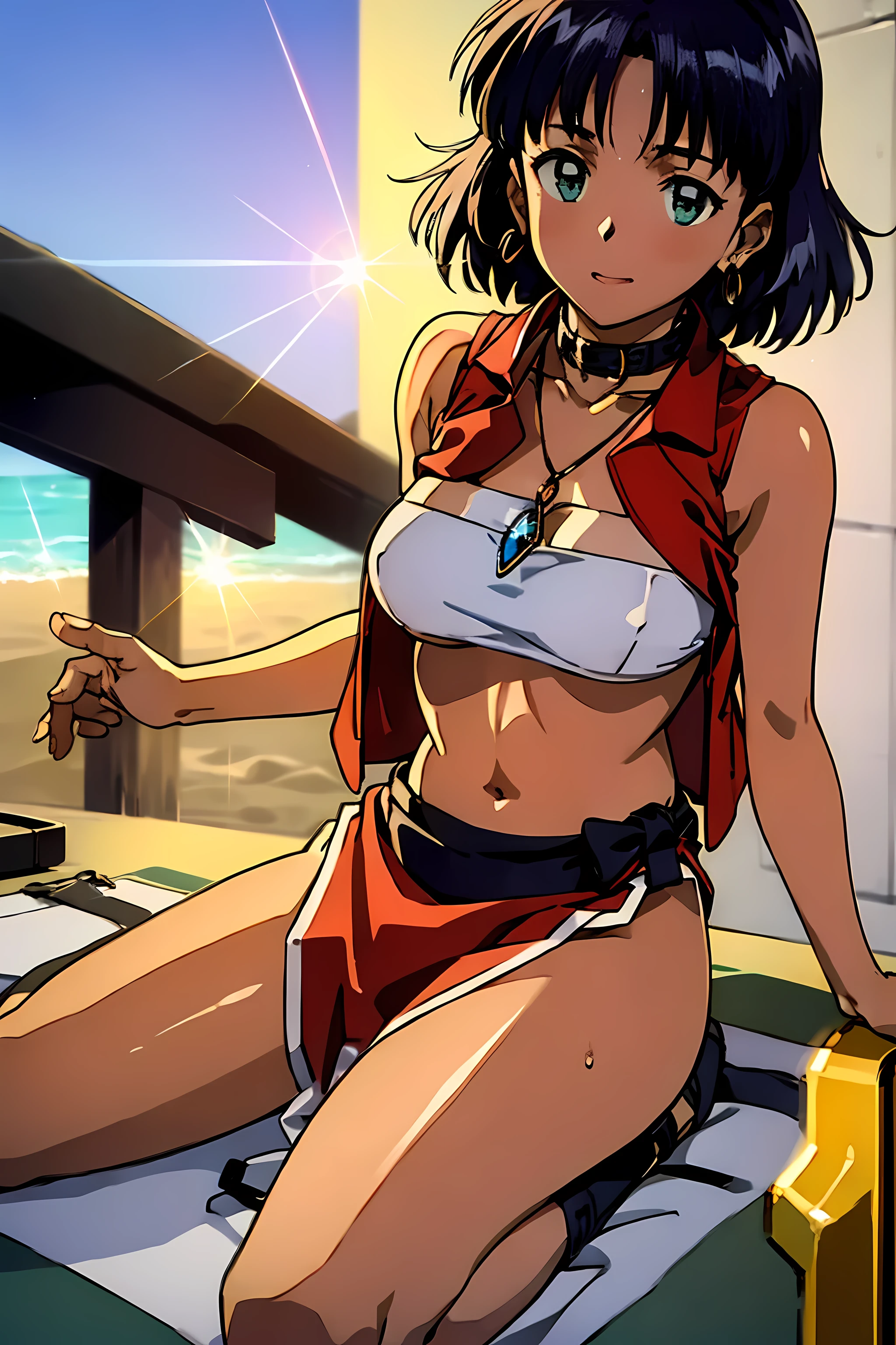 (masterpiece, best quality;1.3), extremely detailed, 1girl, solo, detailed skin, looking at viewer, dark skin,ungry, large breast,cowboy shot,  nadia,dark purple hair, WHITE bikini, red vest,Gold collar, Necklace with large light blue gemstones, lying,