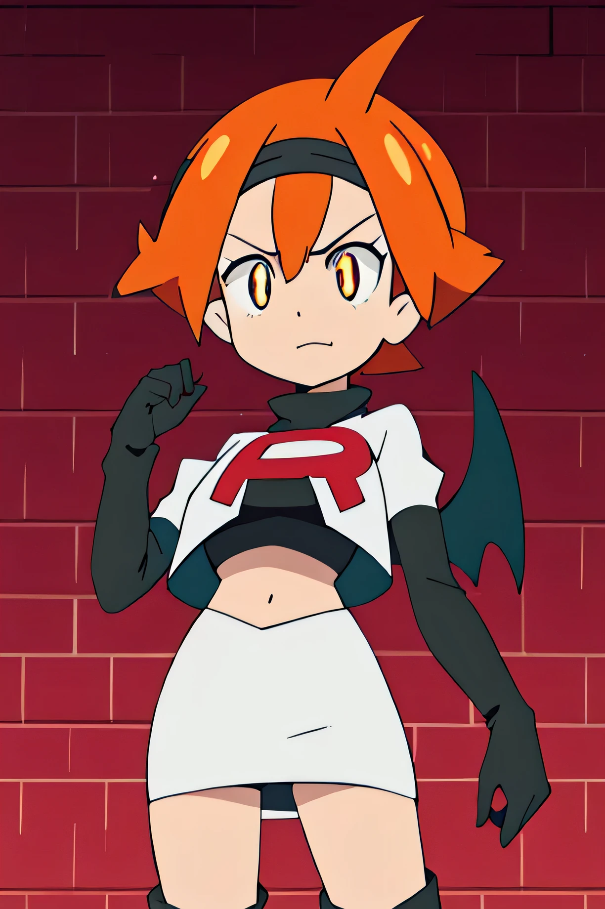 (1girl in:1.2), (Solo:1.2) , Brilliant Textured Work, top-quality, , , , 10 year old, black crop top tee, orange layered skirt, black spiky boots, black spiky wristbands, spiky choker, (orange hair:1.1), short hair, wavy hair, (violet eyes:1.1), shiny hair, evil smile, standing, contrapposto, hand on hip, Evil Female Executive, villainess, Evil Fall, darkness, Downtown at night, Concrete roads, large breasts, (empty eyes:1.5), (Forcibly fitted gem:1.2), corrupted gem , eyeball gem, (cracked gem:1.2), curse seal, (parasite eroded gem:1.1), Heart-shaped tattoo on the lower abdomen, eroded, bat wings, open mouth, large fang, full moon, red moon, huge ahoge, black devilish horn,team rocket uniform, red letter r, white skirt,white crop top,black thigh-high boots, black elbow gloves, frowning, looking down at viewer, hands on hips