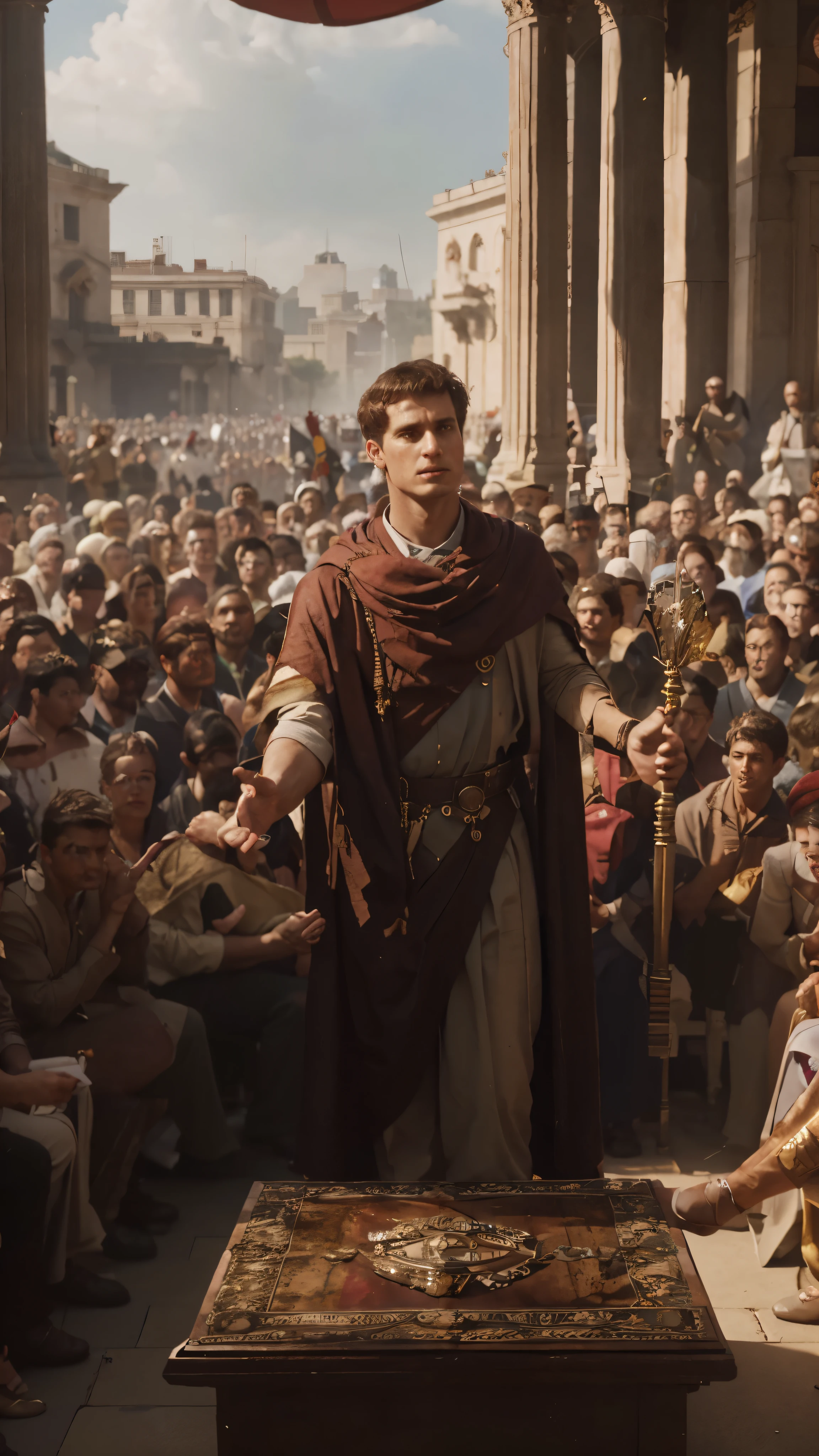 A man standing in front of a crowd of people, inspired by Pogus Caesar, por Michael Komarck, rostos detalhados e realistas, estilo de pintura realista, a serpentina, focus on card, Leaders, Morgana, muitos npcs nas ruas, cores silenciadas altamente detalhadas, monarquia, elegant cinematic photorealistic, sul