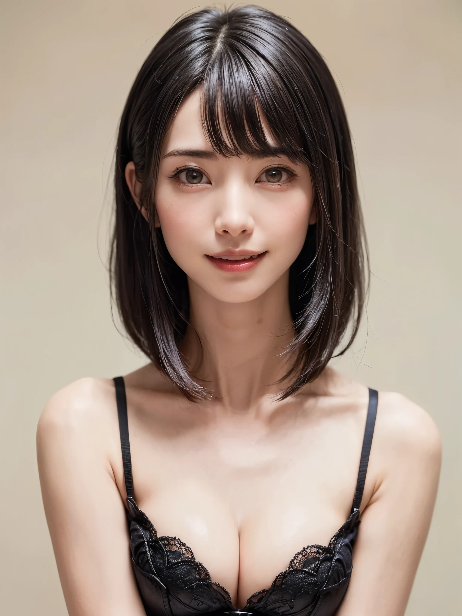 (table top, highest quality、ultra high resolution、face focus focus、focus on the sides、navel focus、decolletage focus、very attractive beauty、Adds intense highlights to the eyes、look closely at the camera:1.4、Absolutely beautiful bangs:1.4、Brunette short bob hair with bangs:1.4),1 girl, Report, black haired, realistic, looking at the viewer, pale black eyes, short hair, lips, lip gloss, Upper body、Big eyes、eyelash)、((italian natural background、hyper real stick:1.4))、((short hair with bangs:1.4、Beautiful bangs with 46 points:1.4、{Huge|big|Hugeな|mega} chest:2, cleavage:2、Big eyes、Give students very powerful highlights、very bigger chest、look at the audience、very beautiful beauty、show me your ears、beautiful long neck、beautiful decollete、smile、A smilee　beautiful teeth、Open your mouth and smilee))、28 years old、very cute super model、perfect anatomy