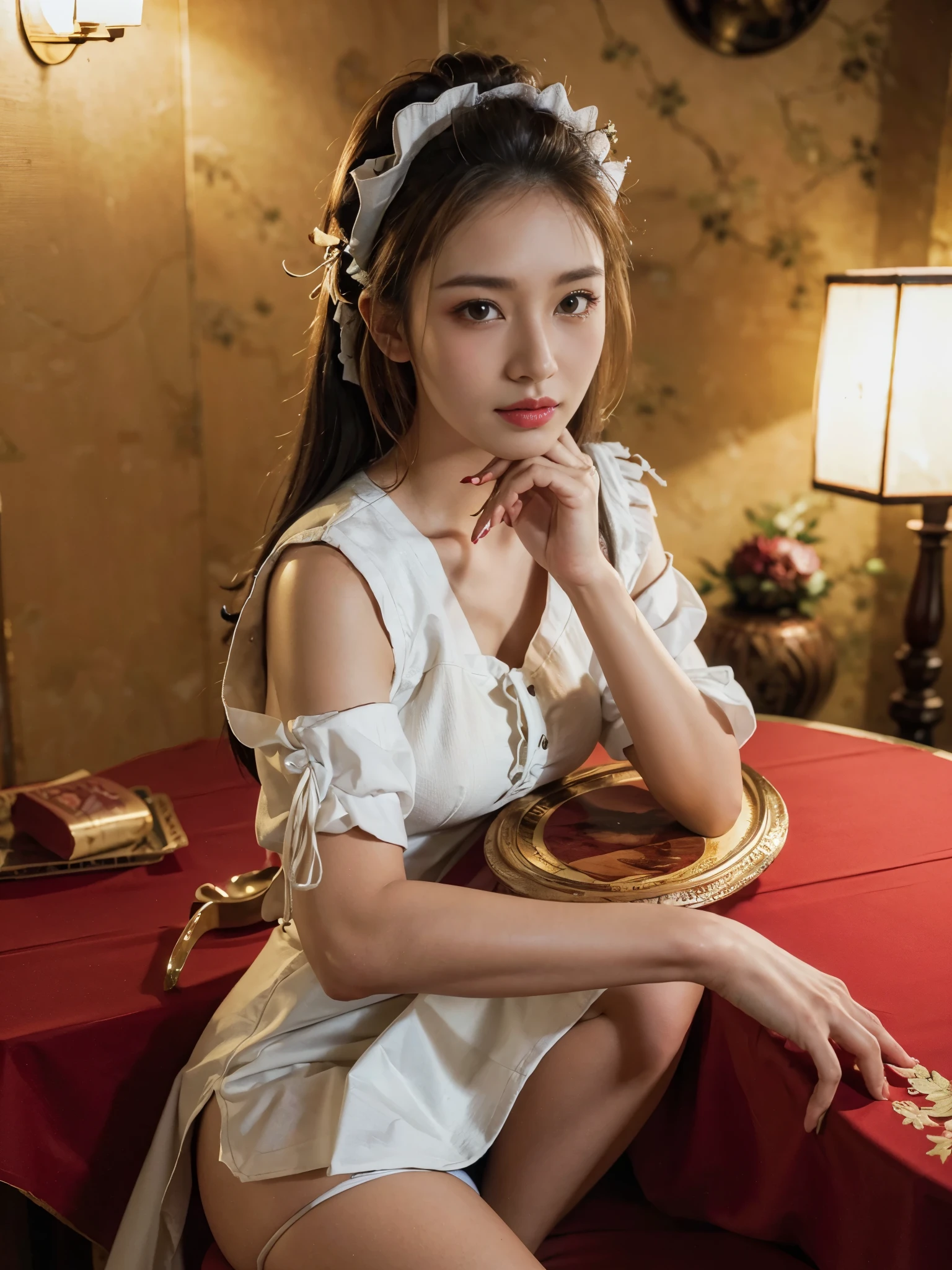 (8k, RAW photo, highest quality, table top:1.2), High-definition RAW color photo, professional photos, cowboy shot, (realistic, photo-realistic:1.37), ((highest quality)), 25 year old female, cinematic light, (detailed face:1.2), (table top:1.5), (highest quality:1.2), (mole:0.5), (smile:0.9), (looking at the viewer:1.2), hug your legs, squat, wrinkled white panties, bow tie, (A detailed maid:1.2)
