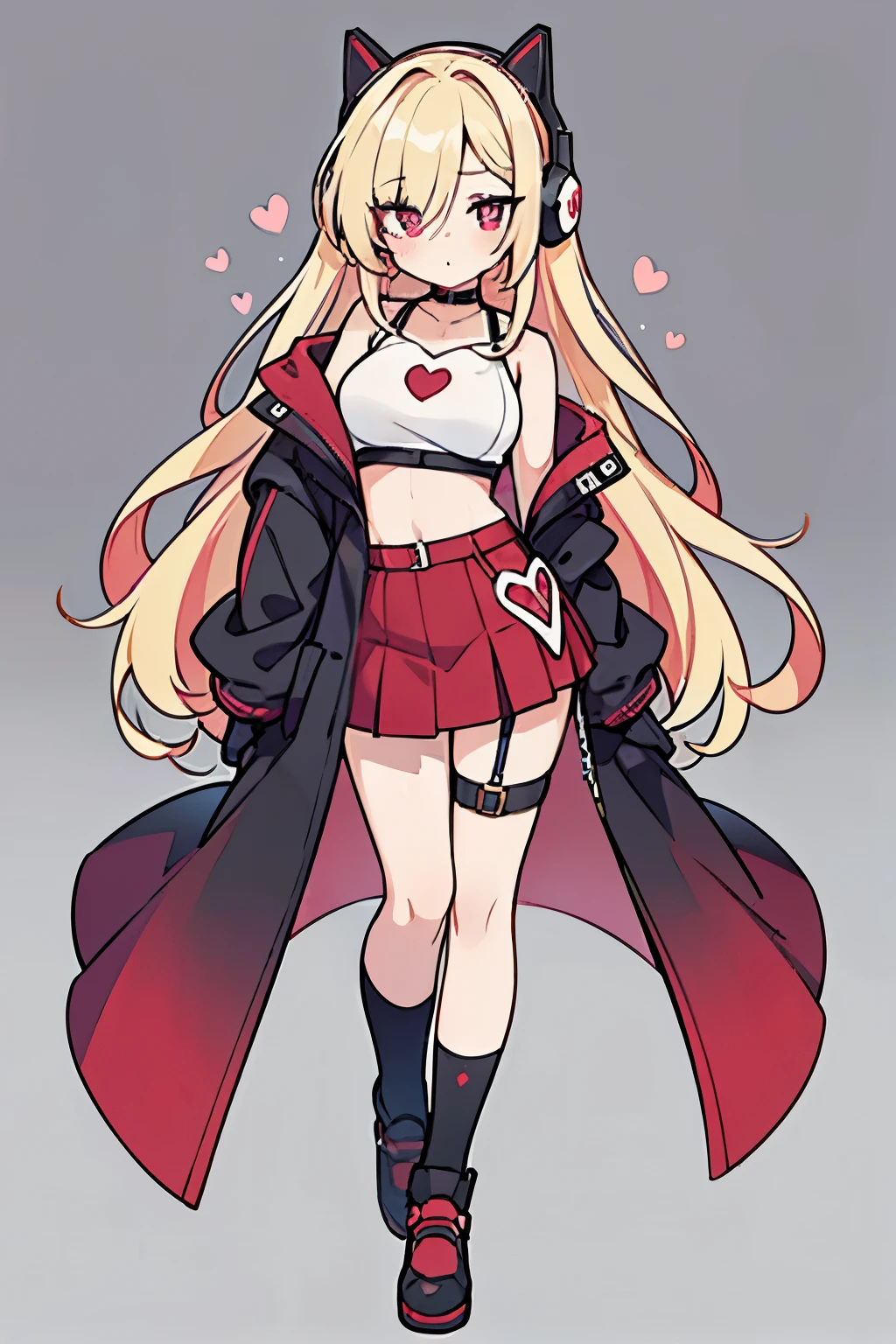 (Best Picture:1.2), (Best Quality:1.3), style, looking at viewer, grey background, full body, standing, finely detail, detailed face, 1girl, girl in a skirt and headphones, long hair, bangs, hair over one eye, multicolored hair, Ombre hair, gradient hair, streaked hair, Blonde hair with pink tips, [[blonde hair]], [[[[[[pink hair]]]]]], black crop top, jacket, red shoes, gloves, red skirt, stockings, garter belt, black choker, red eyes, facemask, big breast, wide hips, sexy, ((heart-shaped pupils))