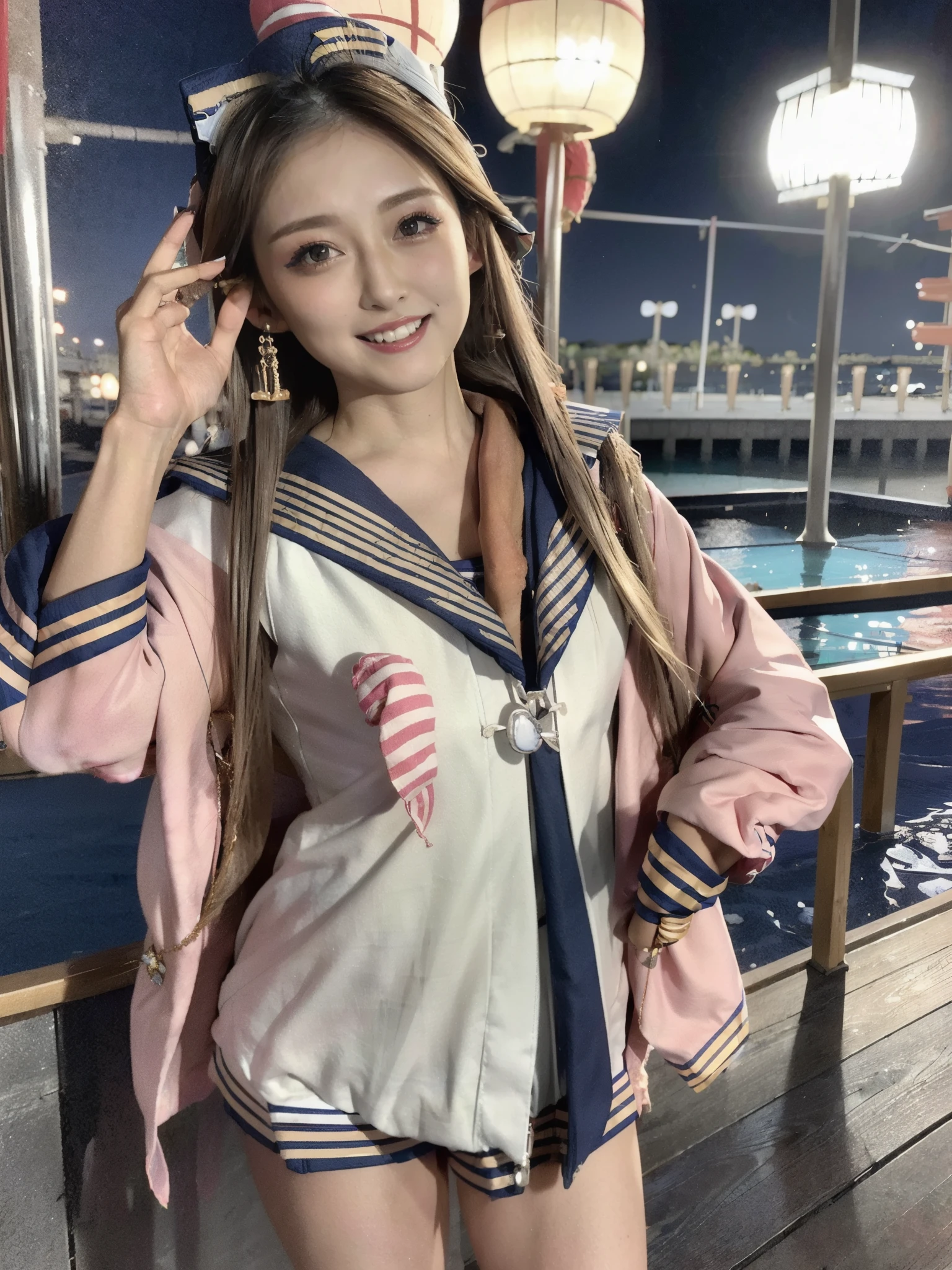 NSFW、Japanese、age face、idol face、cute face、(((Japanesee sailor suits:1.5)))、burst chest、超burst chest、thin、thin waist、one girl、8k、Best image quality ultra high resolution、(Photoreal)、Masterpiece symmetrical high resolution RAW color professional close-up photography 、(high resolution face:1.1)(cleavage:1.2)、Japanese face、blurred background、thinピンク色のリップ、good lighting、gal makeup、flashy makeup、thin pink lipoisturized lips、heavy makeup、wavy hair、medium hair、silver hair、silver hair with asymmetrical bangs、double eyelid、tanned skin、Japanese face、brown skin、gal style long necklace、gal style bracelet、gal accessories、flashy earrings、body piercing、whole body、laughter、by the pool、resort、brown skin、Black gal、sexy pose、naughty pose、focus on the chest、whole bodyエスビアン
