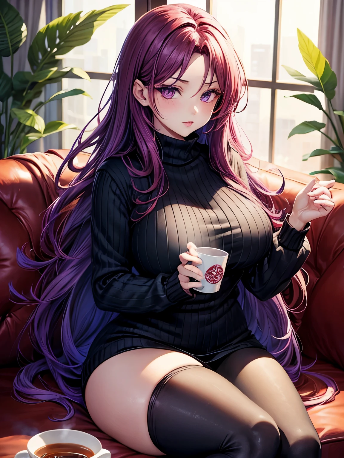 1 girl, red-purple hair, very long hair, violet eyes, beautiful eyes, big eyes, big lips, glossy lips, very curvy body, big breasts, long legs, big butt, wide hips, thick thights, defined image, seductive gaze, dressed cozy, cozy home, on the sofa, drinking a cup of warm tea, dressed in a warm cozy sweater, cozy outfit