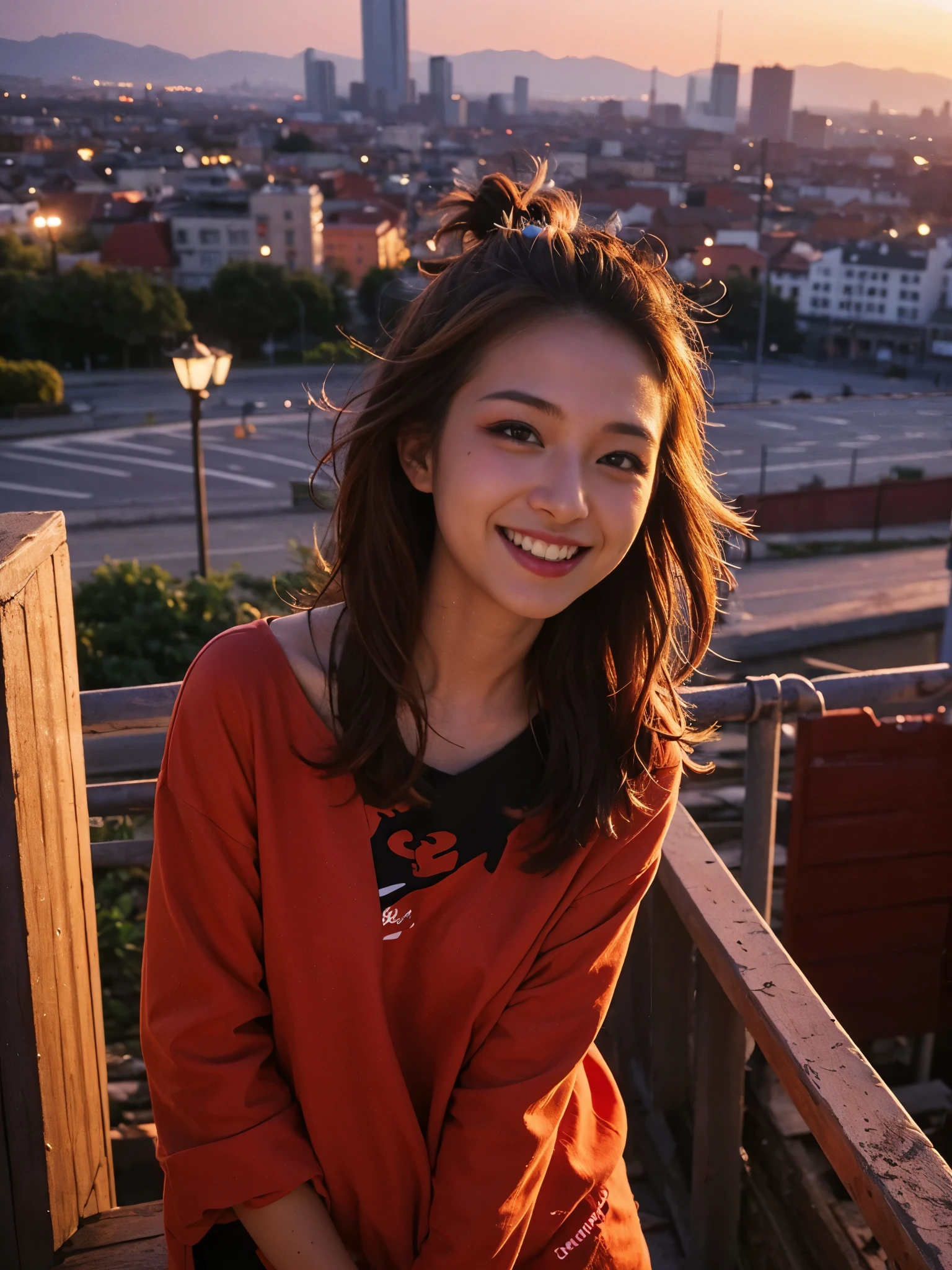 1 punk girl, fish eyes, Self snap, Wind, hair is dirty, sunset, cityscape, (aesthetics and atmosphere:1.2),smile、surreal