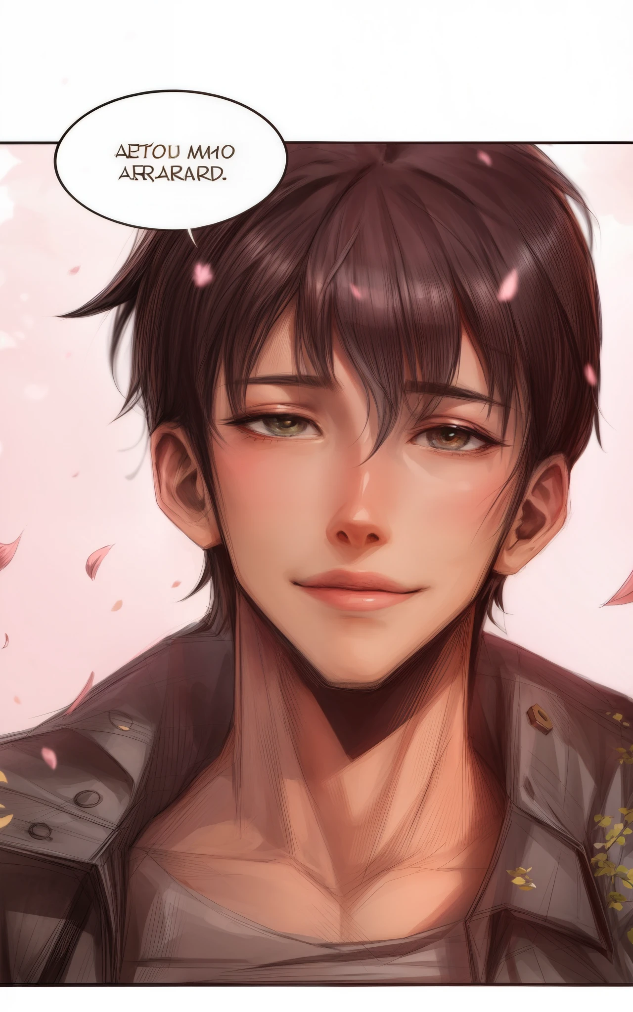 ((samdoesart)), um cara com uma jaqueta,  Homem bonito de anime, sorrindo certo, petalas de flor de cerejeira, ((sombra de arvore)), pintura extremamente detalhada, muita qualidade, homem bonito, olhando para camera