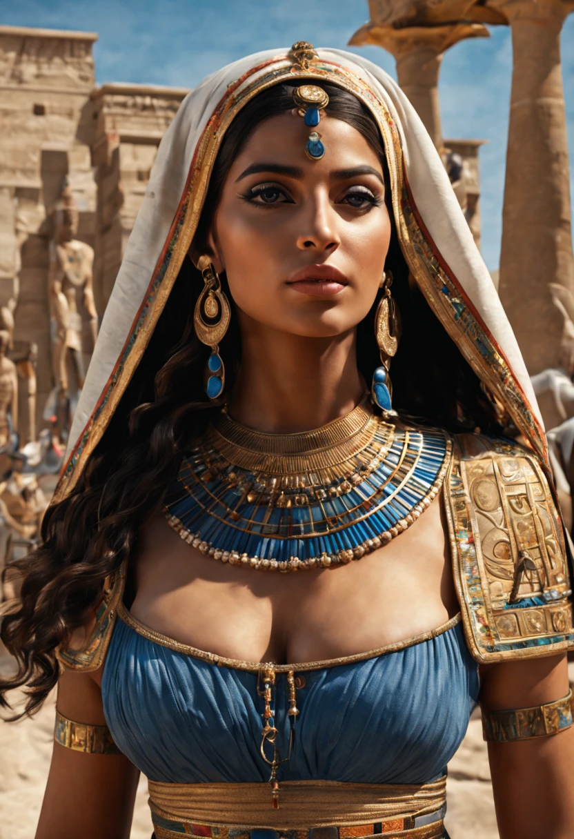 (best quality,4k,highres,masterpiece:1.2),ultra-detailed,(realistic,photorealistic,photo-realistic:1.37), HDR, UHD, An (extremely beautiful Egyptian woman age: 18, hourglass figure, blessed proportions, sky clad) is attending the Opet festival in Ancient Egypt, she is in a Thebes with many other women nearby. (Show her entire body, show her from head to toe, full body shot).