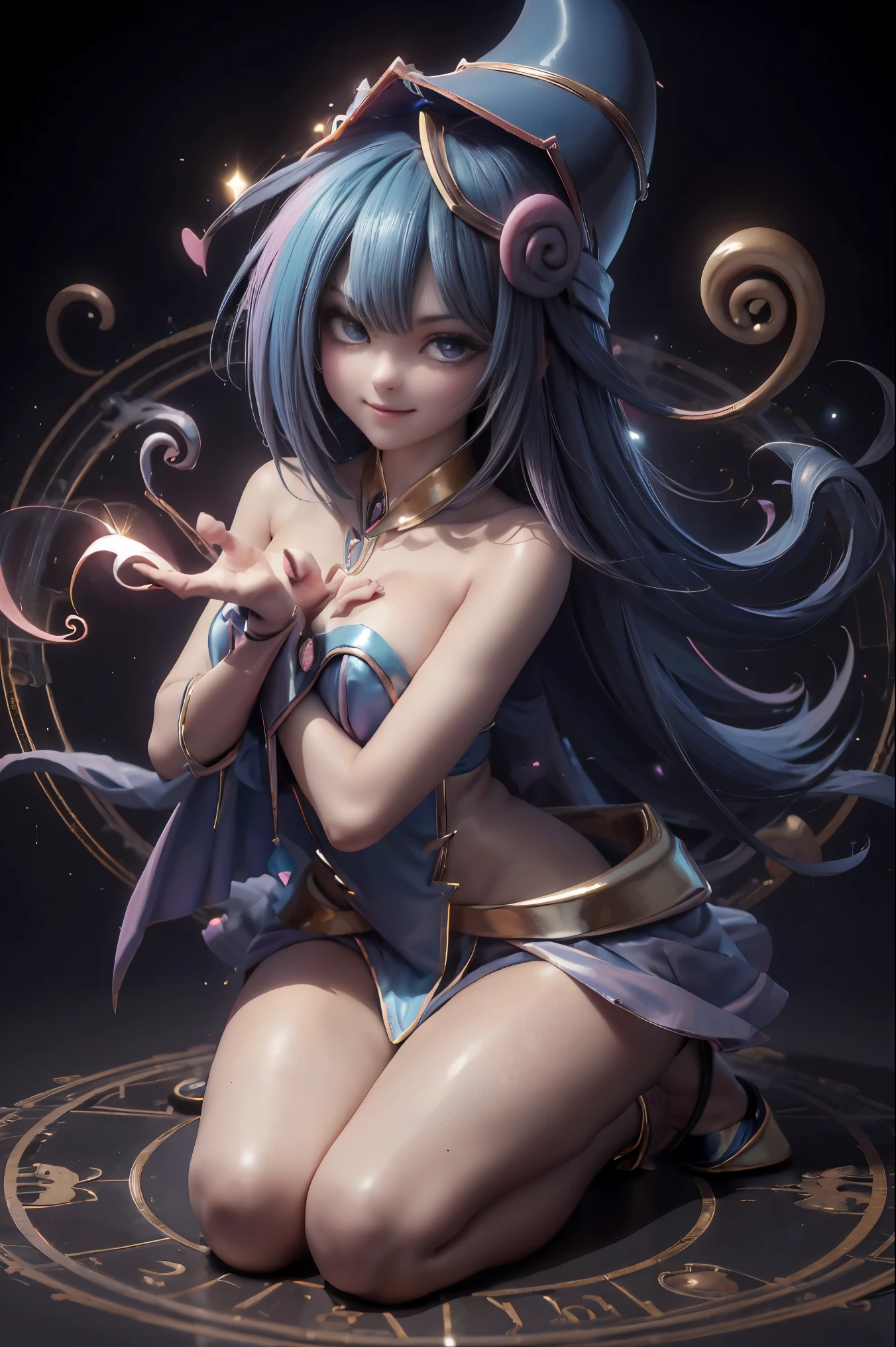 Dark magician gils en el aire, she comes out of a magic circle of the heart. Magic hearts background. Sonrisa en sus labios. Ojos celestes. Cabello dorado. Pose sensual. Levitando en una pie. Tiene tacones. Usa tacones azules y dorados