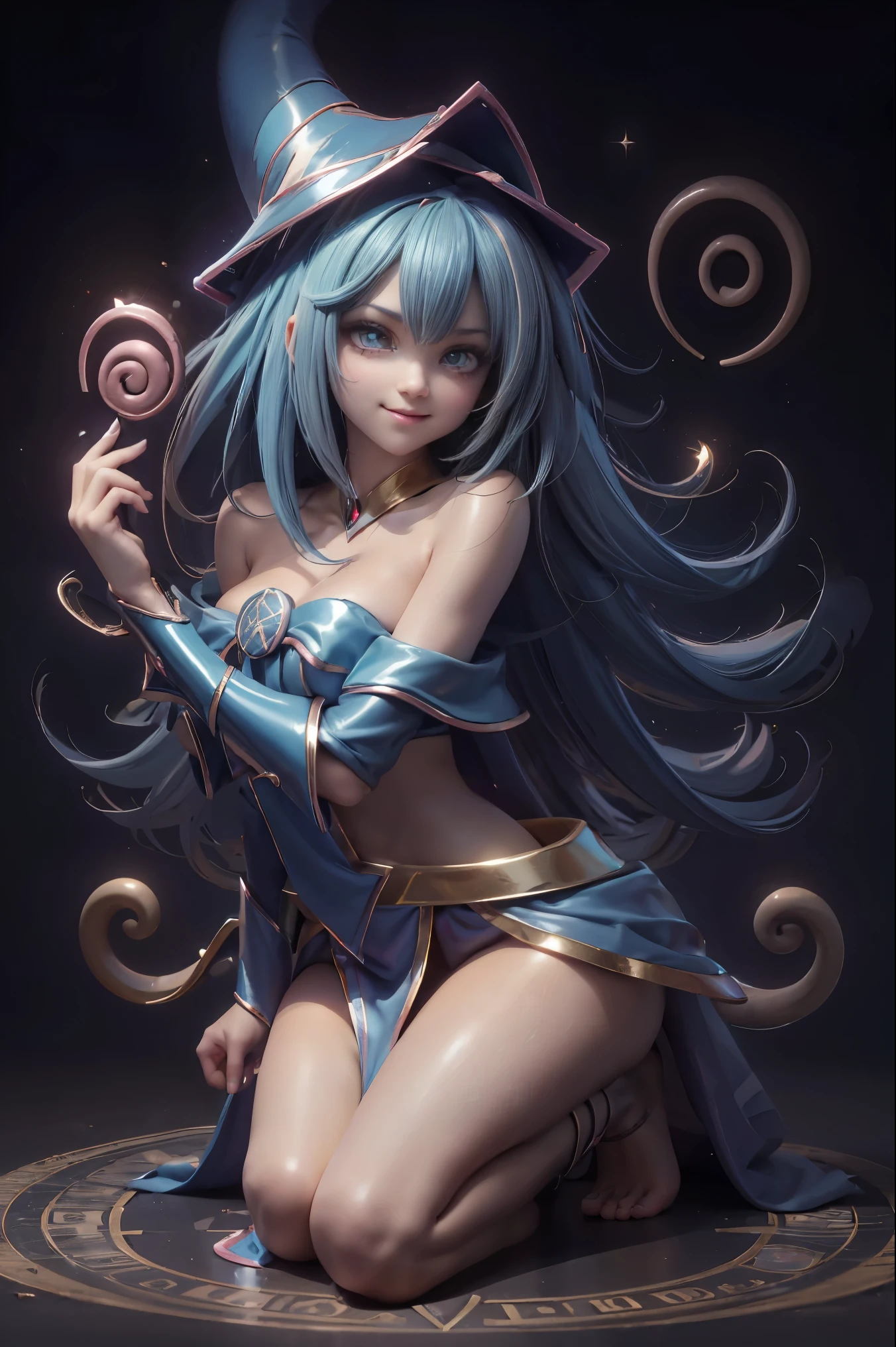 Dark magician gils en el aire, she comes out of a magic circle of the heart. Magic hearts background. Sonrisa en sus labios. Ojos celestes. Cabello dorado. Pose sensual. Levitando en una pie. Tiene tacones. Usa tacones azules y dorados