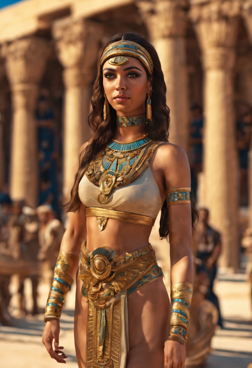(best quality,4k,highres,masterpiece:1.2),ultra-detailed,(realistic,photorealistic,photo-realistic:1.37), HDR, UHD, An (extremely beautiful Egyptian woman age: 18, hourglass figure, blessed proportions, sky clad) is attending the Opet festival in Ancient Egypt, she is in a Thebes with many other women nearby. (Show her entire body, show her from head to toe, full body shot).