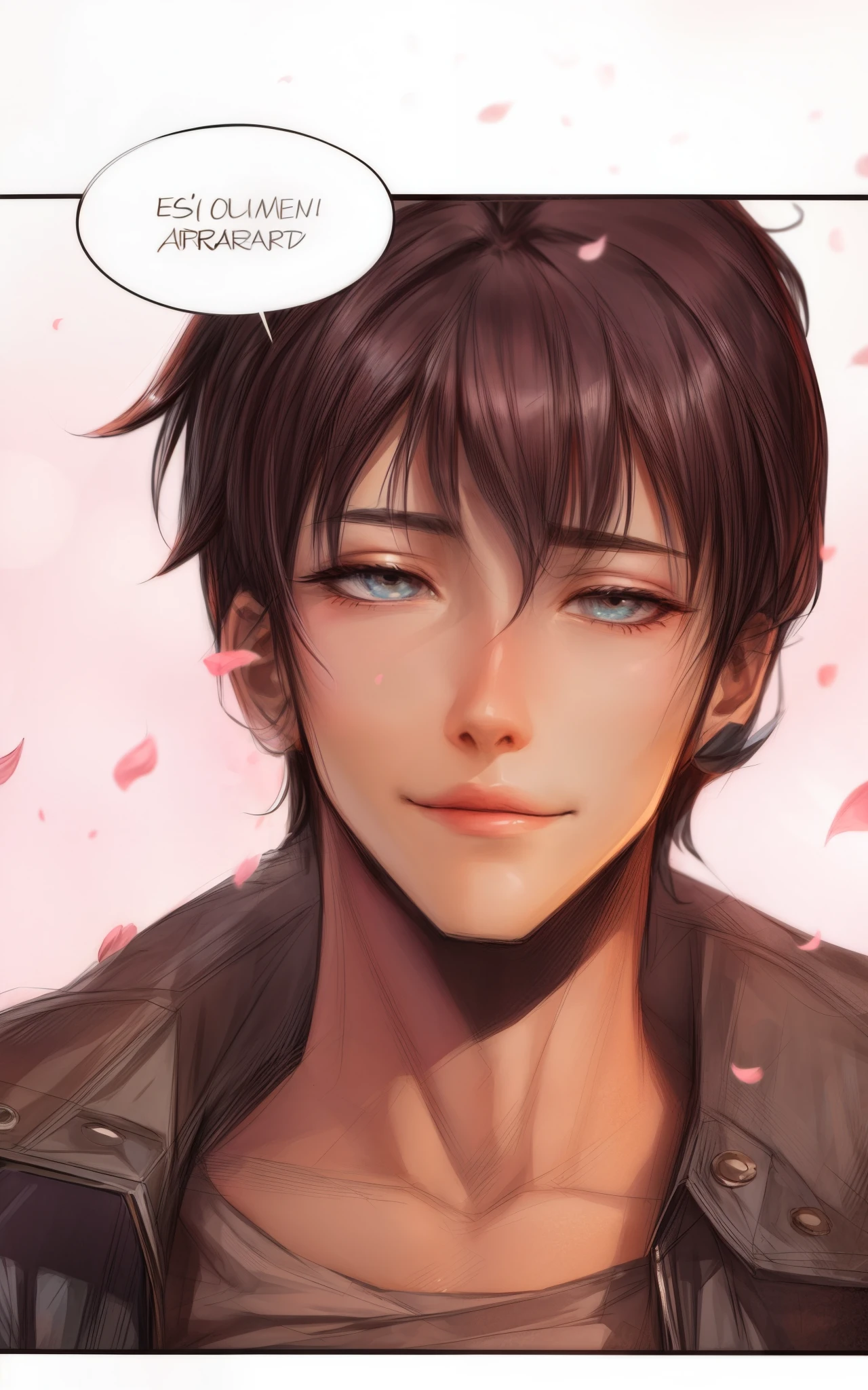 ((samdoesart)), um cara com uma jaqueta, Homem bonito de anime, sorrindo certo, ((petalas de flor de cerejeira no fundo)), ((sombra de arvore)), pintura extremamente detalhada, muita qualidade, homem bonito, olhando para camera, olhos pretos