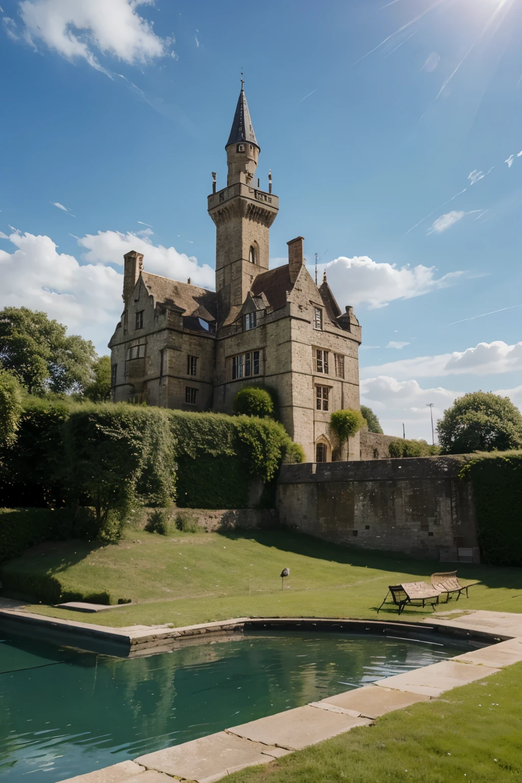 best quality, high resolution, English medieval castle in the warm, summer sun, blue skies, realism, high quality