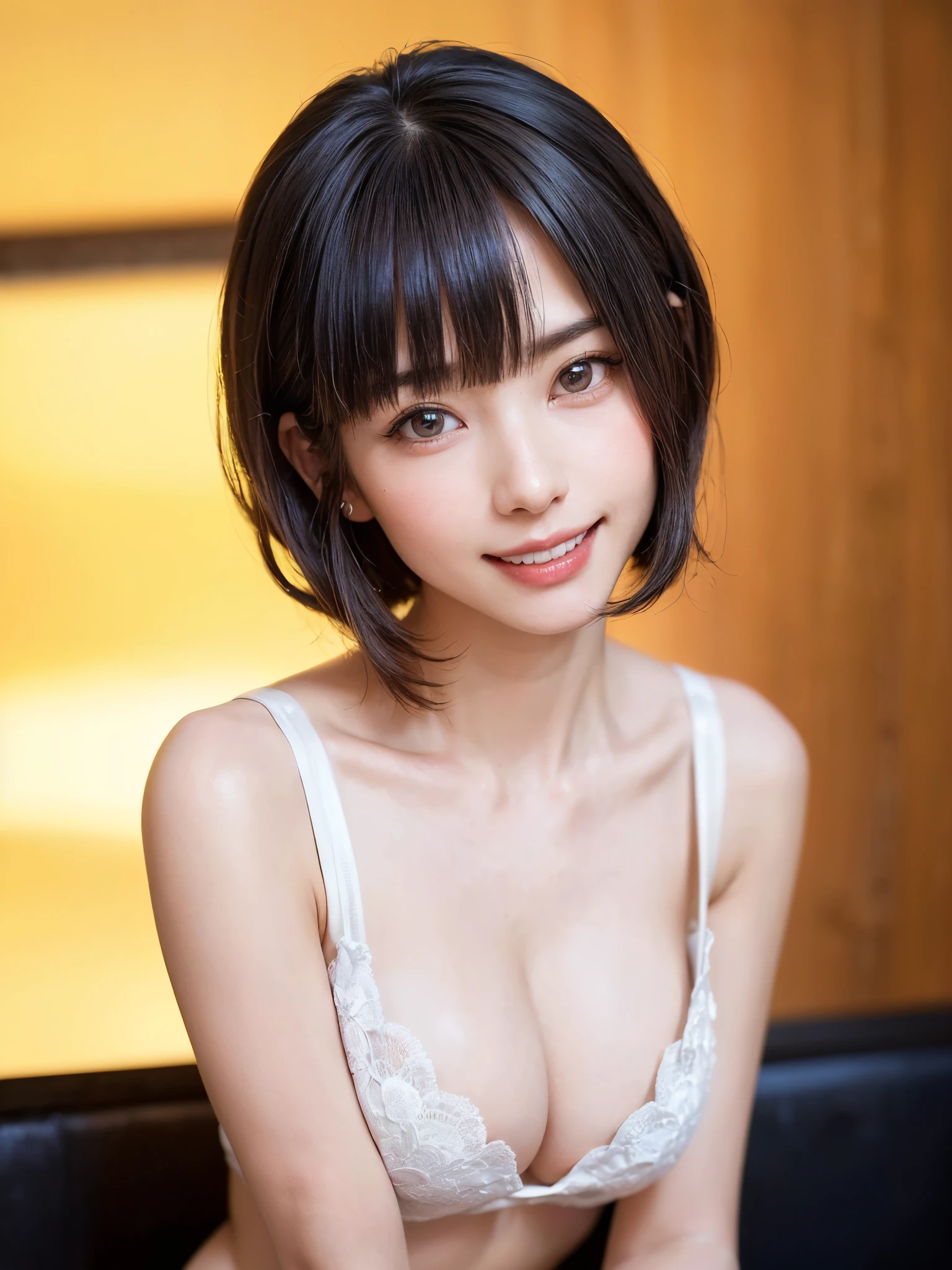 (table top, highest quality、ultra high resolution、face focus focus、focus on the sides、navel focus、decolletage focus、very attractive beauty、Adds intense highlights to the eyes、look closely at the camera:1.4、Absolutely beautiful bangs:1.4、Brunette short bob hair with bangs:1.4),1 girl, Report, black haired, realistic, looking at the viewer, pale black eyes, short hair, lips, lip gloss, Upper body、Big eyes、eyelash)、((italian natural background、hyper real stick:1.hort hair with bangs:1.4、Beautiful bangs with 46 points:1.4、{Huge|big|Hugeな|mega} chest:2, cleavageyes、Give your students very powerful highlights、very bigger chest、look at the audience、very beautiful beauty、show me your ears、beautiful long neck、beautiful decollete、smile、A smilee　beautiful teeth、Open your mouth and smilee))、28 years old、very cute super model、perfect anatomy