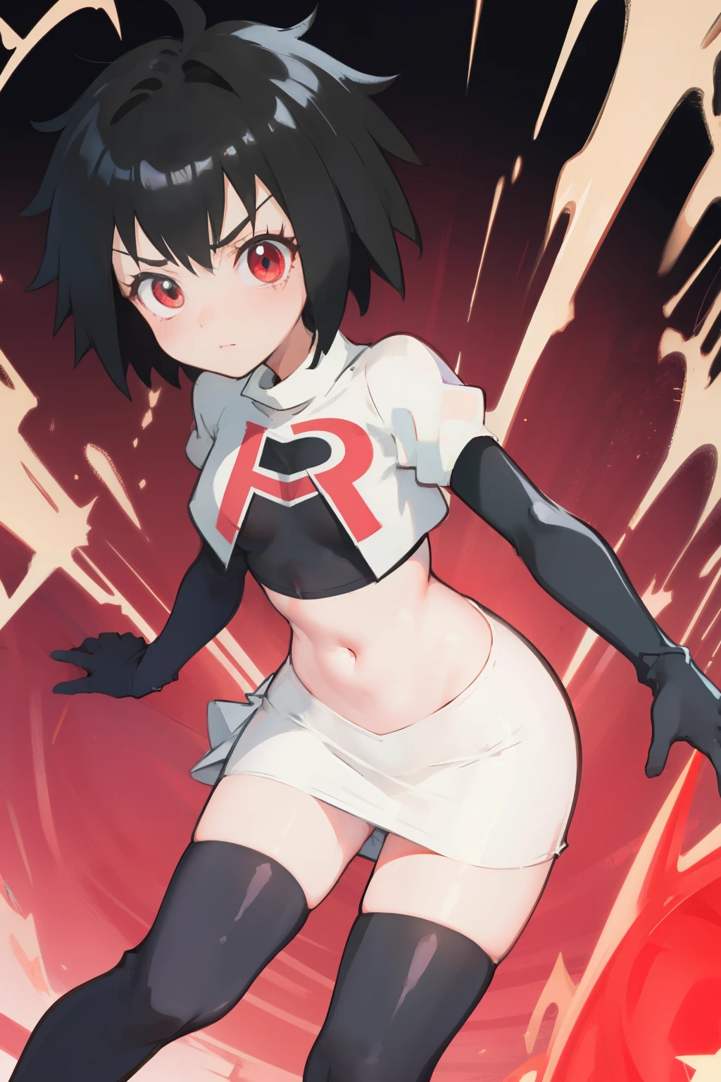 masterpiece, best quality, peni parker , ,team rocket,team rocket uniform,white skirt,red letter R,crop top,black thigh-highs,black elbow gloves,
