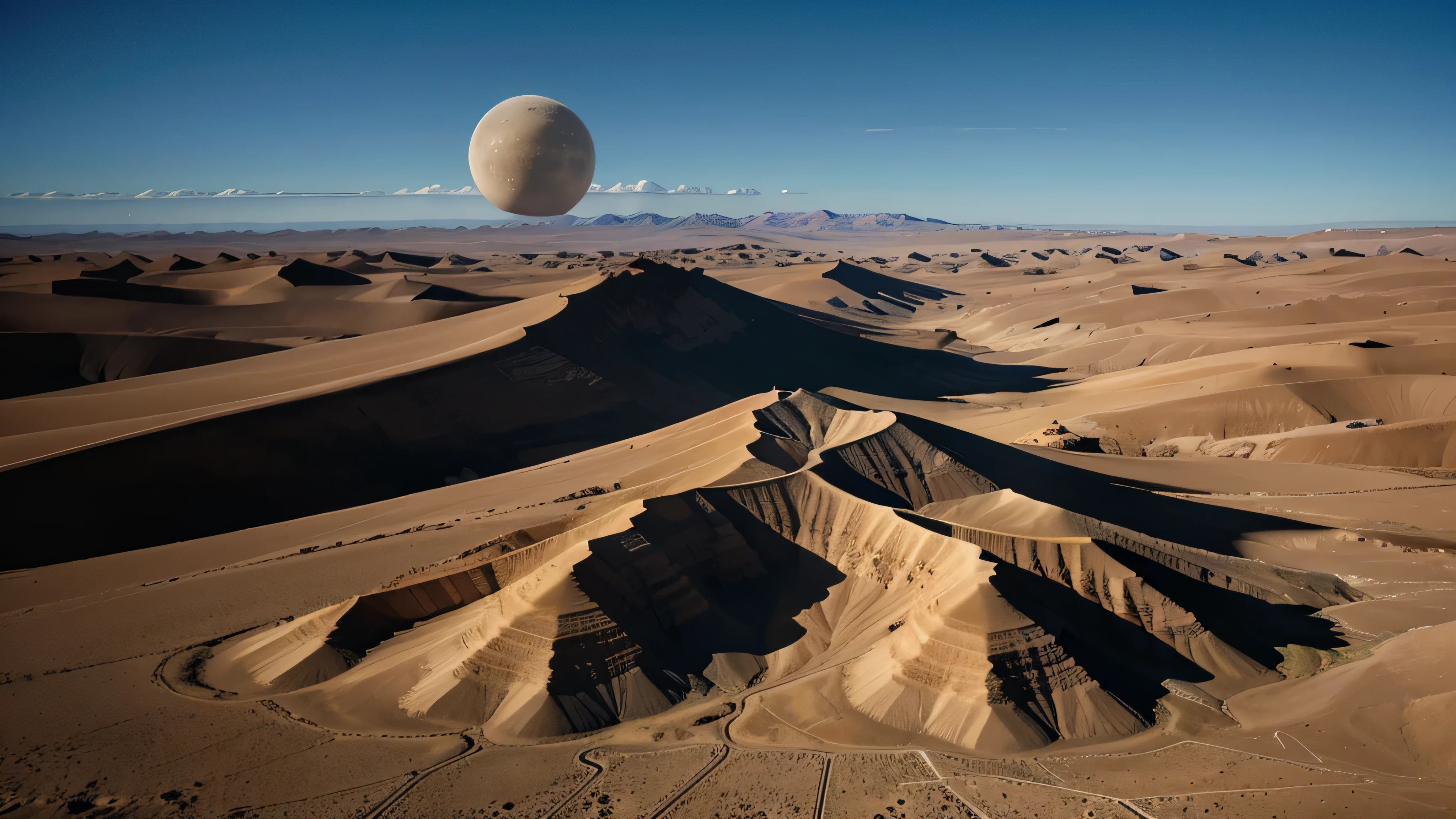 Aerial images of the Atacama Desert, vasto y silencioso, seguidas por la superficie lunar, igualmente desolada pero majestuosa. la musica es ambiental, ethereal, con toques de instrumentos andinos mezclados con sonidos sintetizados, evoking a sense of wonder and loneliness.