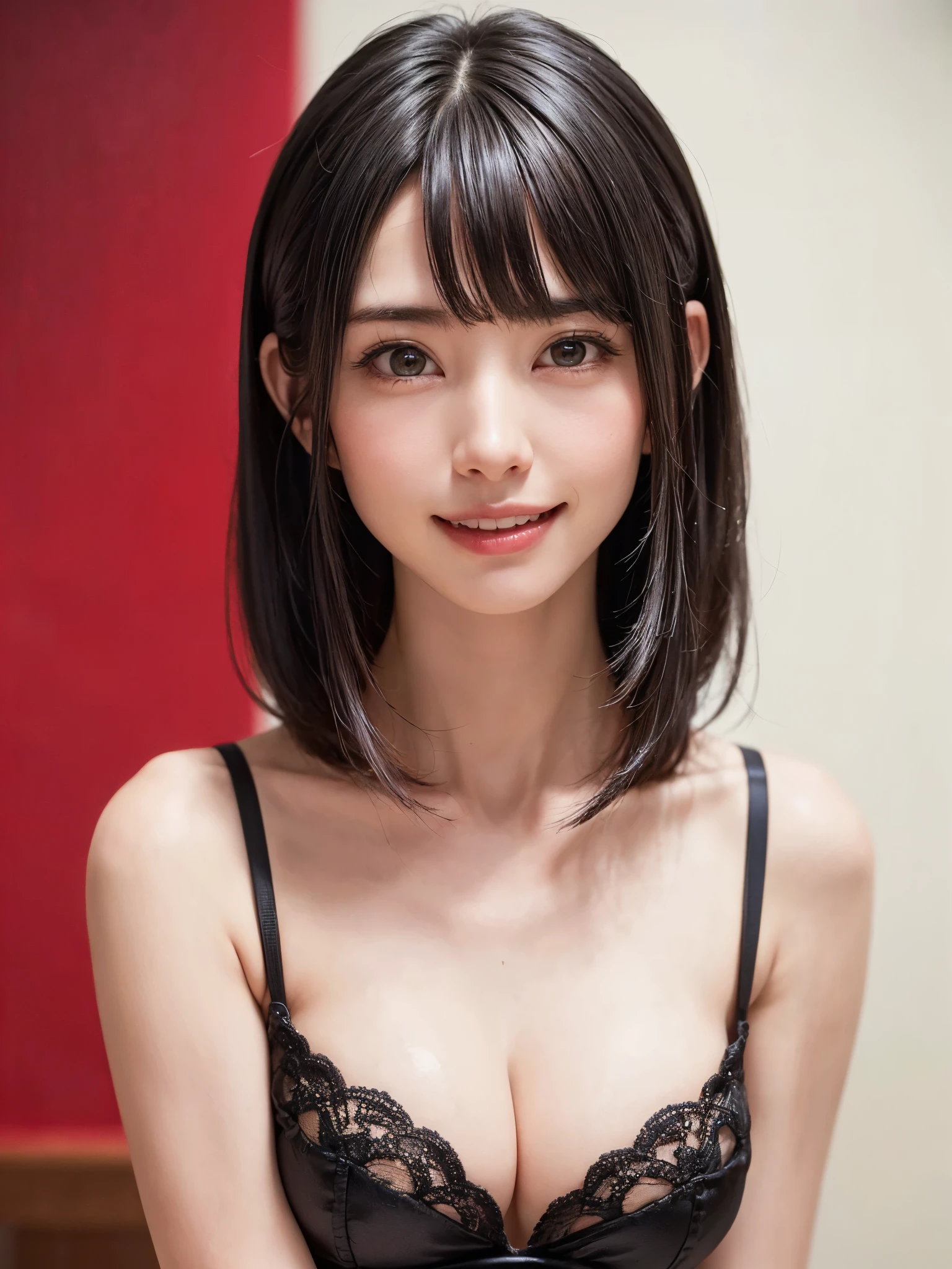 (table top, highest quality、ultra high resolution、face focus focus、focus on the sides、navel focus、decolletage focus、very attractive beauty、Adds intense highlights to the eyes、look closely at the camera:1.4、Absolutely beautiful bangs:1.4、Brunette short bob hair with bangs:1.4),1 girl, Report, black haired, realistic, looking at the viewer, pale black eyes, short hair, lips, lip gloss, Upper body、Big eyes、eyelash)、((italian natural background、hyper real stick:1.4))、((short hair with bangs:1.4、Beautiful bangs with 46 points:1.4、{Huge|big|Hugeな|mega} chest:2, cleavage:2、Big eyes、Give students very powerful highlights、very bigger chest、look at the audience、very beautiful beauty、show me your ears、beautiful long neck、beautiful decollete、smile、A smilee beautiful teeth、Open your mouth and smilee))、28 years old、very cute super model、perfect anatomy