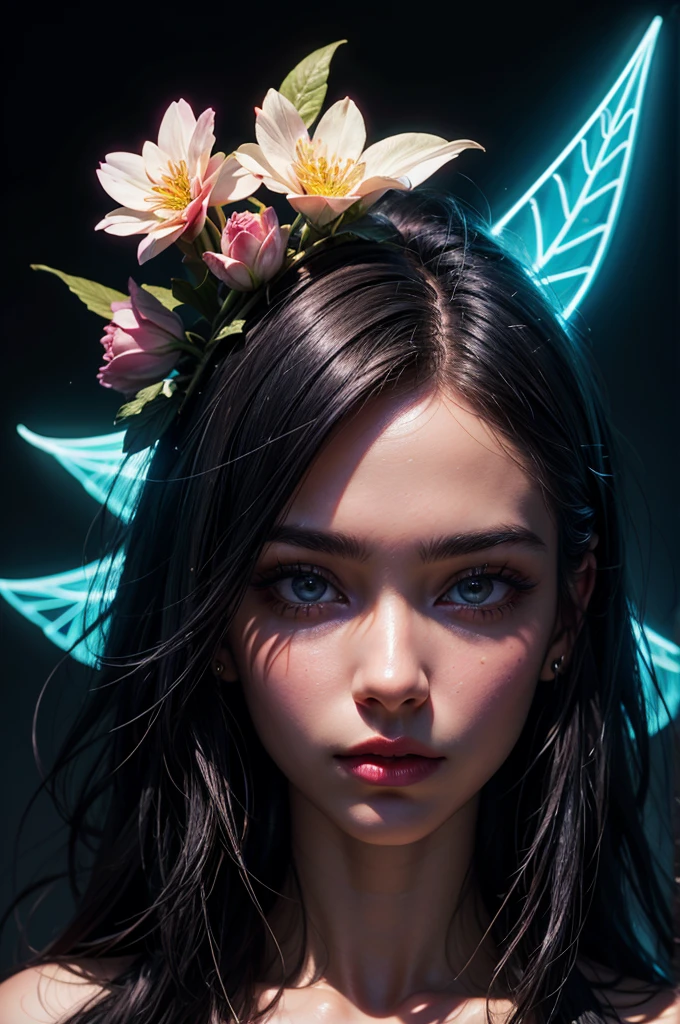 a close up of a woman with flowery hair and a blue neon light face, very beautiful digital art, exquisite digital illustration, digital art image, Beautiful Art UHD 4K, beautiful digital art , brilliant digital painting, stunning digital art, high quality digital art, Beautiful digital illustration, Beautiful!!! art digital, totally deep black background, 32k, high resolution, fractal art, front facing, directly looking at you,