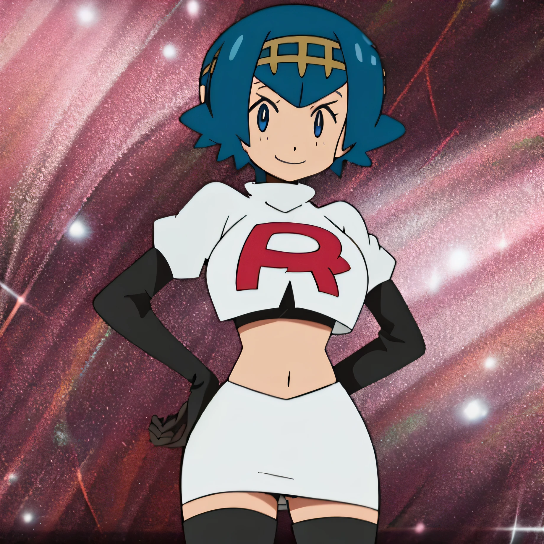 8k, anime screencap,1girl in, (solo:1.1), (perfect body:1.1), (best quality:1.1), very large breast, team rocket uniform, red letter r, white skirt,white crop top,black thigh-high boots, black elbow gloves, evil smile, looking down at viewer, hands on hips,zettai ryouiki,
