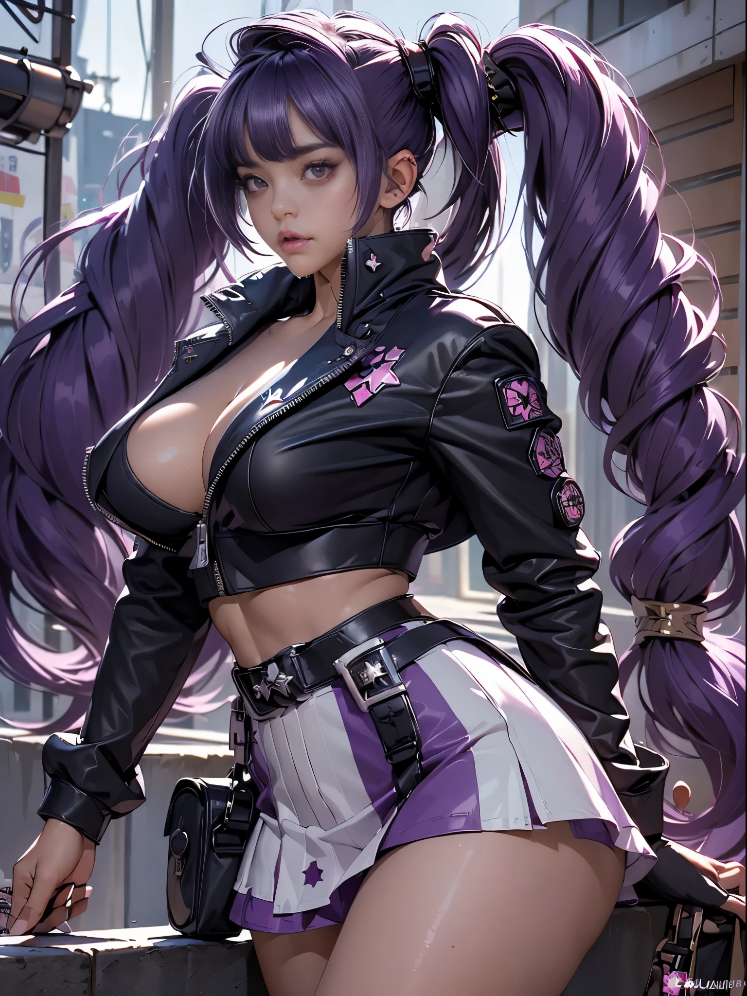 (((of the highest quality: 1.4))),(unparalleled masterpiece ever), (Ultra high definition),(Ultra-realistic 8K CG), offcial art、 (((adult body, accentuated super huge enormously gigantic tits, cleavage showing))), (((1girl in))), ((( very long hair in pigtails ))), Punk girl with a perfect body, school girl uniform school girl skirt and backpack with lots of straps buckles and zippers,Beautiful and well-groomed face,Fancy makeup,Detailed punk fashion,school girl uniform and school girl skirt, (Image from head to thigh),((Platinum purple hair )), Harajuku-inspired hooded jacket, Simon Bisley's urban savage style,Detailed street background of school classroom,Clean abs, Complex graphics, dark pink with white stars and gray and white stripeany poisonous tattoos )), piercings,