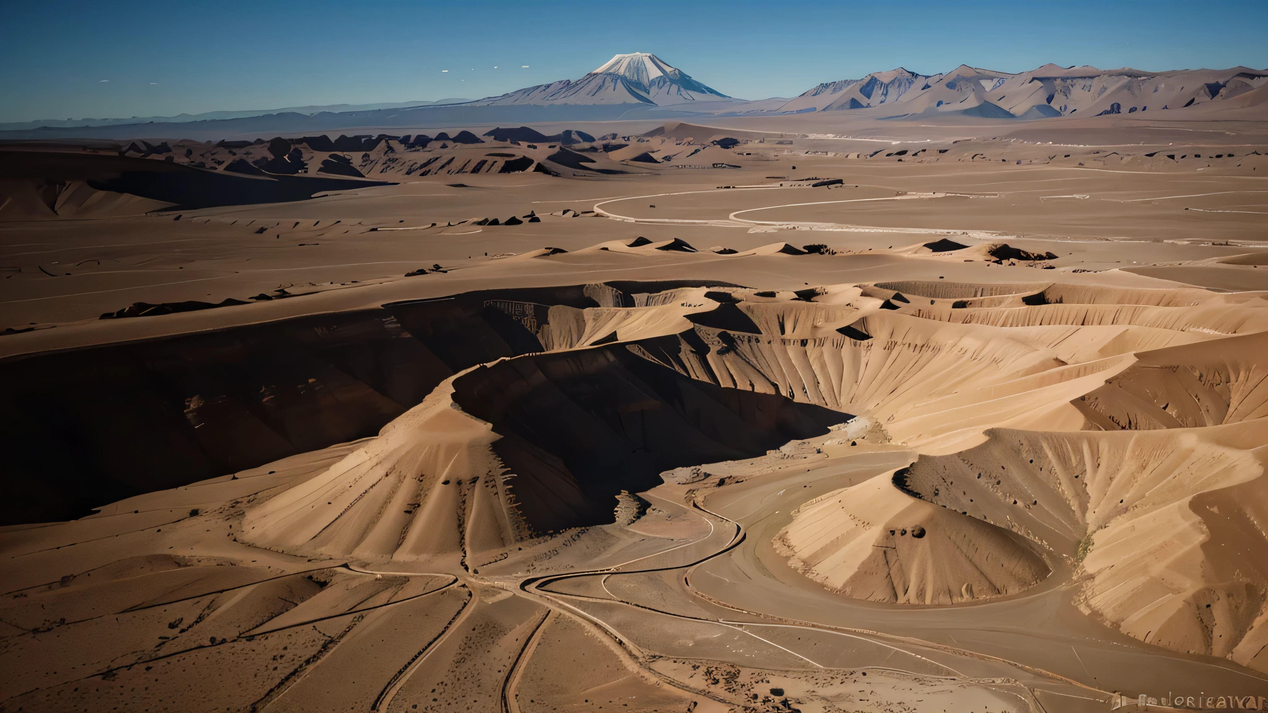 Aerial images of the Atacama Desert, vasto y silencioso, seguidas por la superficie lunar, igualmente desolada pero majestuosa. la musica es ambiental, ethereal, con toques de instrumentos andinos mezclados con sonidos sintetizados, evoking a sense of wonder and loneliness.