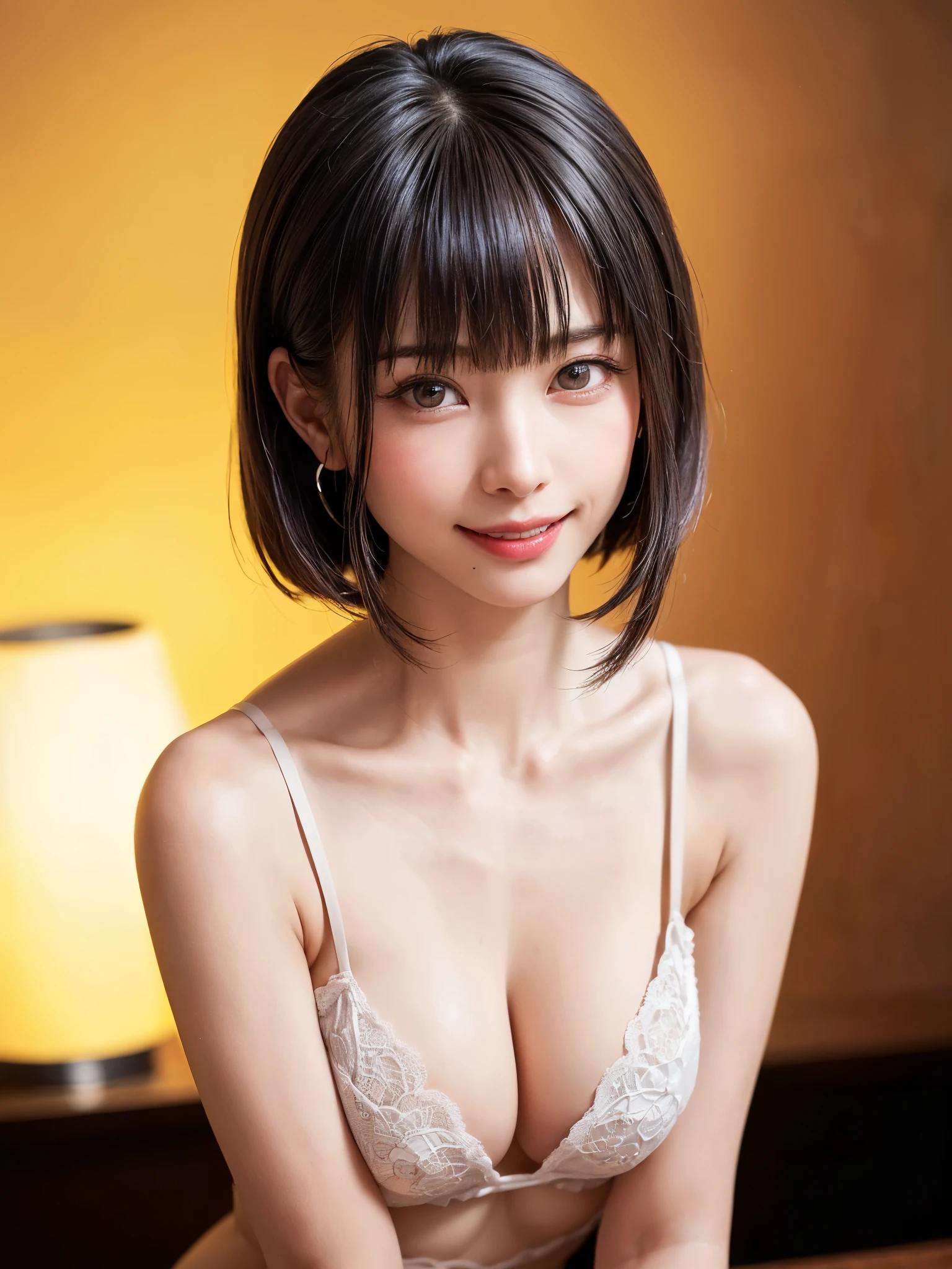 (table top, highest quality、ultra high resolution、face focus focus、focus on the sides、navel focus、decolletage focus、very attractive beauty、Adds intense highlights to the eyes、look closely at the camera:1.4、Absolutely beautiful bangs:1.4、Brunette short bob hair with bangs:1.4),1 girl, Report, black haired, realistic, looking at the viewer, pale black eyes, short hair, lips, lip gloss, Upper body、Big eyes、eyelash)、((italian natural background、hyper real stick:1.4))、((short hair with bangs:1.4、Beautiful bangs with 46 points:1.4、{Huge|big|Hugeな|mega} chest:2, cleavage:2、Big eyes、Give your students very powerful highlights、very bigger chest、look at the audience、very beautiful beauty、show me your ears、beautiful long neck、beautiful decollete、smile、A smilee　beautiful teeth、Open your mouth and smilee))、28 years old、very cute super model、perfect anatomy