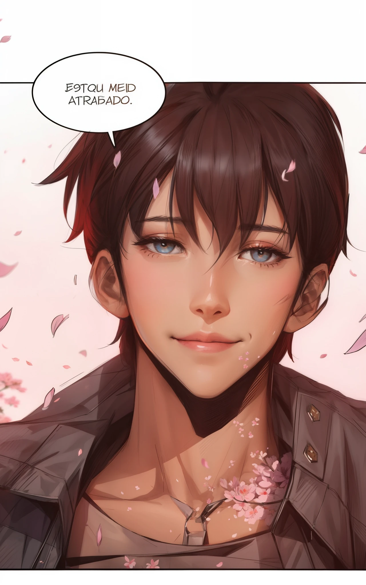 ((samdoesart)), um cara com uma jaqueta, Homem bonito de anime, sorrindo certo, ((petalas de flor de cerejeira no fundo)), ((sombra de arvore)), pintura extremamente detalhada, muita qualidade, homem bonito, olhando para camera, olhos pretos