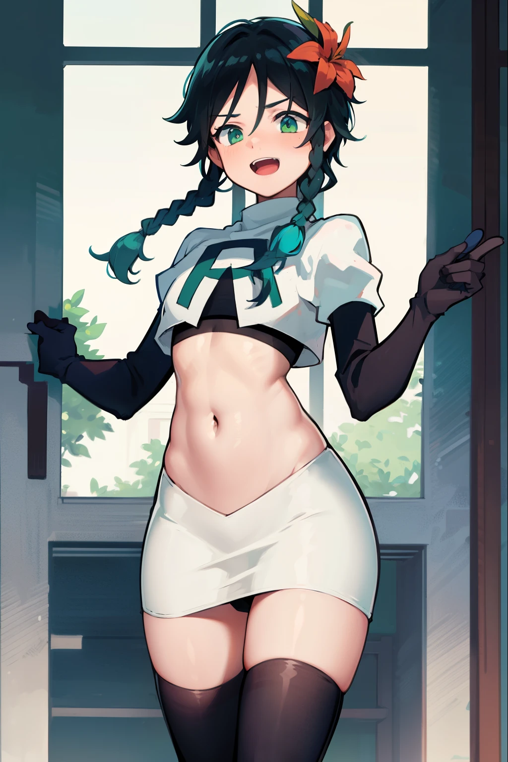 absurdres,venti,1boy, male focus, trap,black hair, green-blue hair, hair braid,hair flower,aqua green eyes,crossdressing,1boy,team rocket,team rocket uniform,white skirt,red letter R,crop top,black thigh-highs,black elbow gloves, laughing,happy, blush