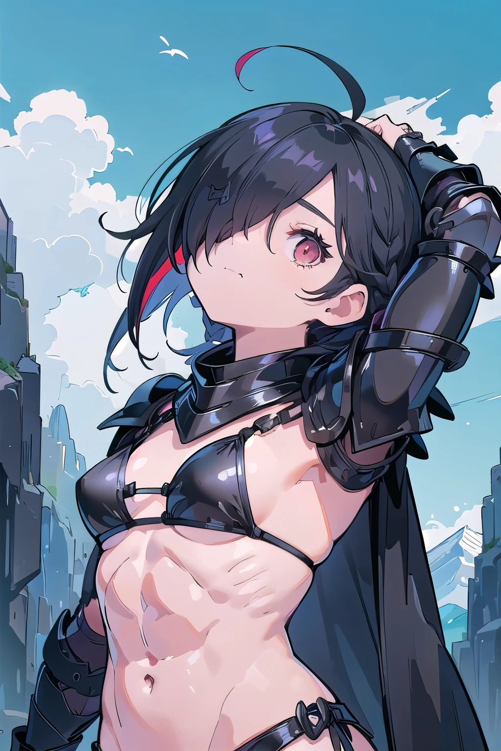 masterpiece, mountainous horizon　Upper body, black robe, (((((black bikini armor))))), nsfw,　, 1 boy, black hair, red streaked hair, Ruby Eye, ((((((hair over one eye,)))))), Braidスタイル, spike hair, dull bangs, bob hair, Braid, Ahoge, cute eyes　looking at the viewer　From the side, ((from front)), closed mouth, (((abs))) , ((looking up:1.3)), simple eyes, restrained, Are standing, (fang), arms up behind, (disdain)