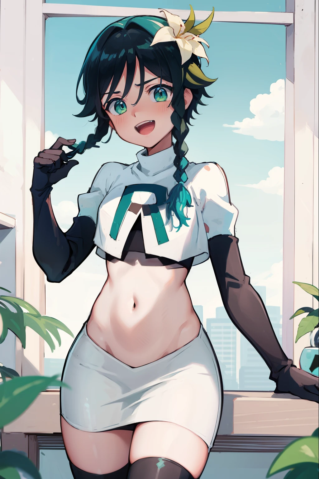 absurdres,venti,1boy, male focus, trap,black hair, green-blue hair, hair braid,hair flower,aqua green eyes,crossdressing,1boy,team rocket,team rocket uniform,white skirt,red letter R,crop top,black thigh-highs,black elbow gloves, laughing,happy, blush
