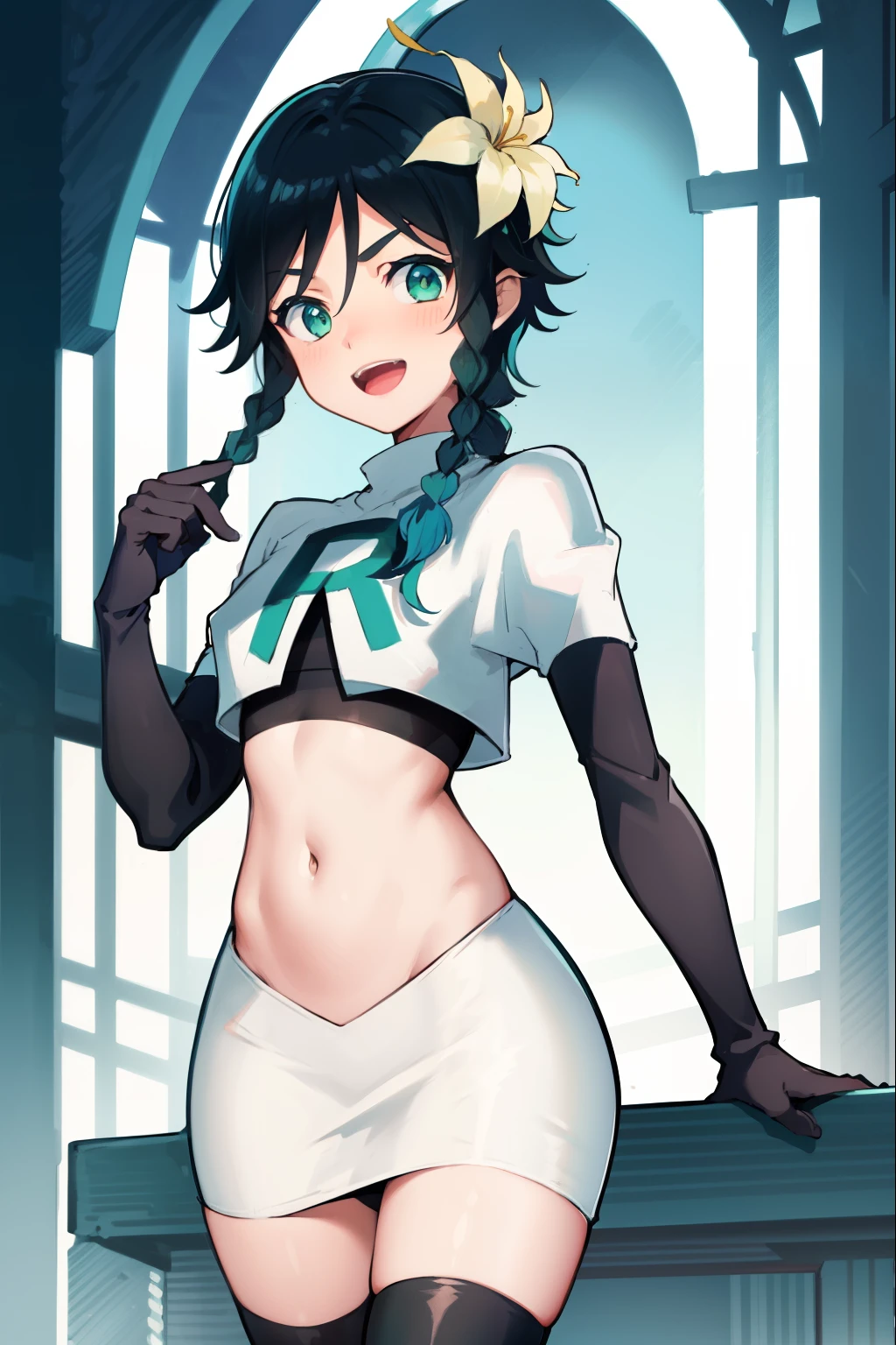 absurdres,venti,1boy, male focus, trap,black hair, green-blue hair, hair braid,hair flower,aqua green eyes,crossdressing,1boy,team rocket,team rocket uniform,white skirt,red letter R,crop top,black thigh-highs,black elbow gloves, laughing,happy, blush