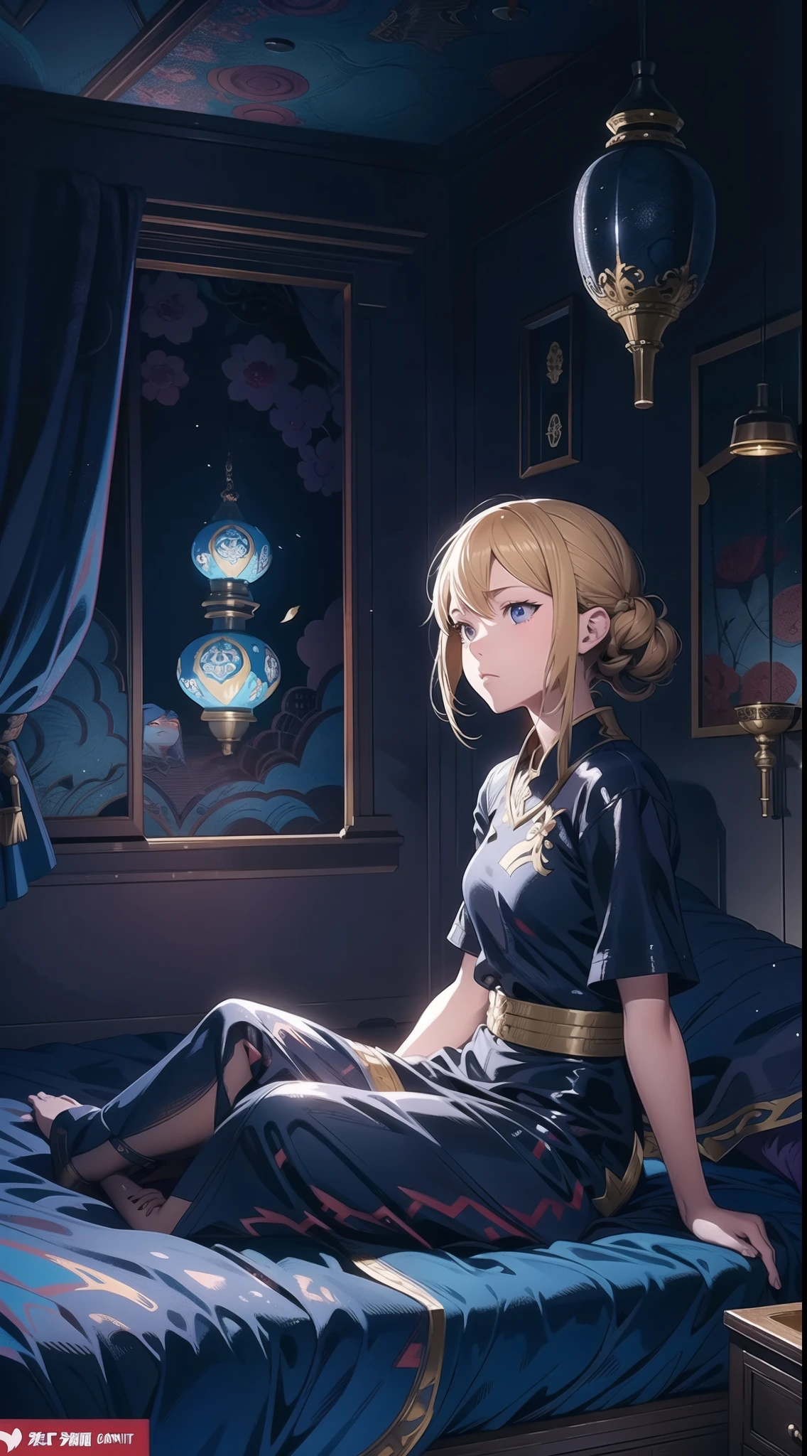 girl sitting on a bed, dark room, just the light of the lamp, full room shot, by yoshihiko wada, official art, martin ansin, in demon slayer art, style art, casimir art, color spread, comic cover art, botw style, key anime art, oz, counterfeit v3 anime style