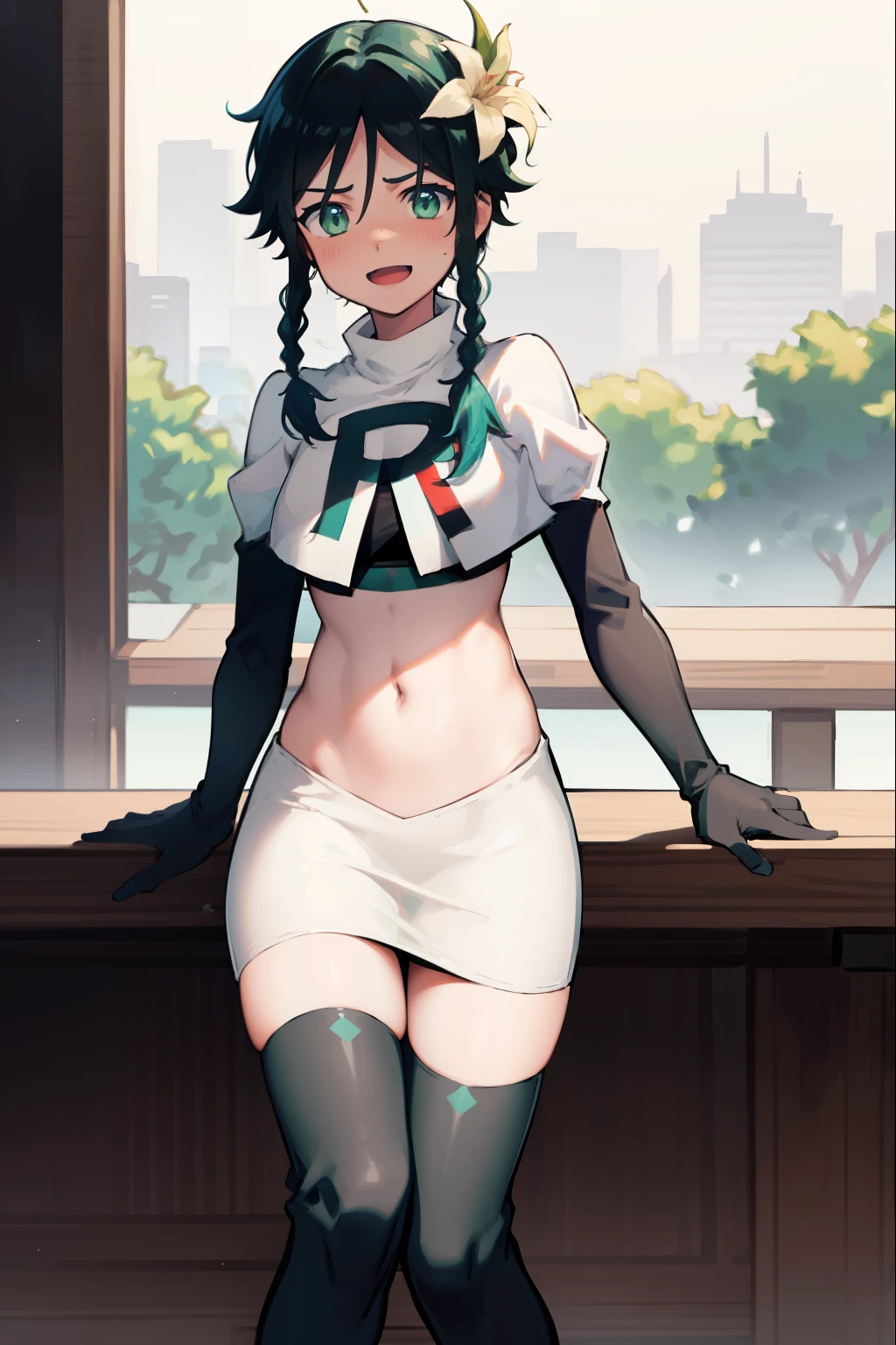 absurdres,venti,1boy, male focus, trap,black hair, green-blue hair, hair braid,hair flower,aqua green eyes,crossdressing,1boy,team rocket,team rocket uniform,white skirt,red letter R,crop top,black thigh-highs,black elbow gloves, laughing,happy, blush