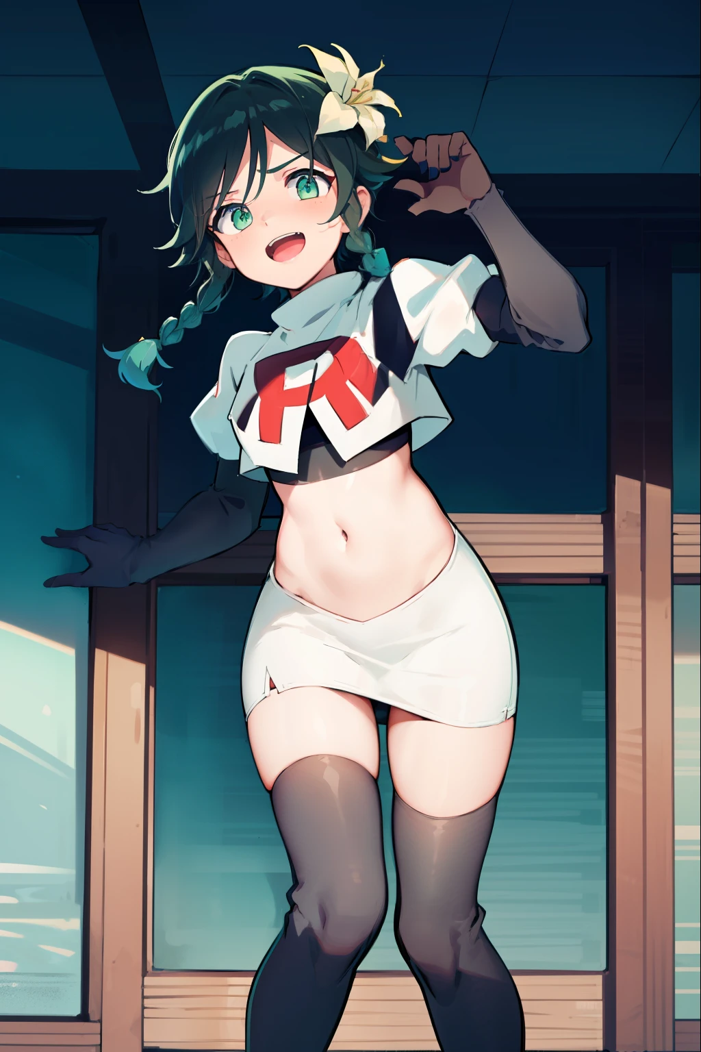 absurdres,venti,1boy, male focus, trap,black hair, green-blue hair, hair braid,hair flower,aqua green eyes,crossdressing,1boy,team rocket,team rocket uniform,white skirt,red letter R,crop top,black thigh-highs,black elbow gloves, laughing,happy, blush