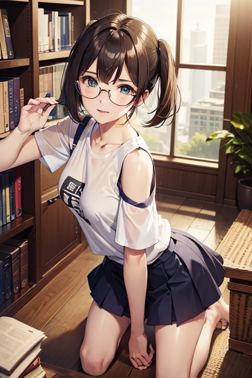 (original), (masterpiece) , (highest quality) , (reality:1.3) , realistic, octane rendering, (超reality的な:1.2) , perfect functionality,1 girl, colorful,translucent hair, (shining inner hair),perfect look,brown hair,green eyes,No expression,sit,Books on hand,Glasses,short hair,(at the library),looking at the viewer,white t-shirt,hairpin,focus on people,barefoot,bare shoulders