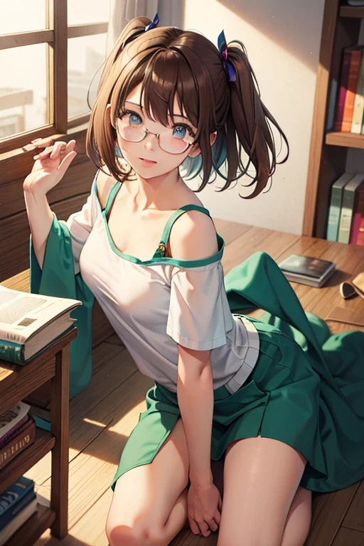 (original), (masterpiece) , (highest quality) , (reality:1.3) , realistic, octane rendering, (超reality的な:1.2) , perfect functionality,1 girl, colorful,translucent hair, (shining inner hair),perfect look,brown hair,green eyes,No expression,sit,Books on hand,Glasses,short hair,(at the library),looking at the viewer,white t-shirt,hairpin,focus on people,barefoot,bare shoulders