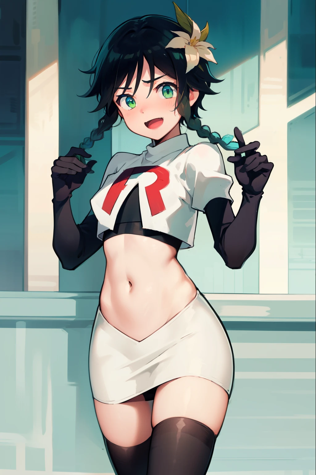 absurdres,venti,1boy, male focus, trap,black hair, green-blue hair, hair braid,hair flower,aqua green eyes,crossdressing,1boy,team rocket,team rocket uniform,white skirt,red letter R,crop top,black thigh-highs,black elbow gloves, laughing,happy, blush