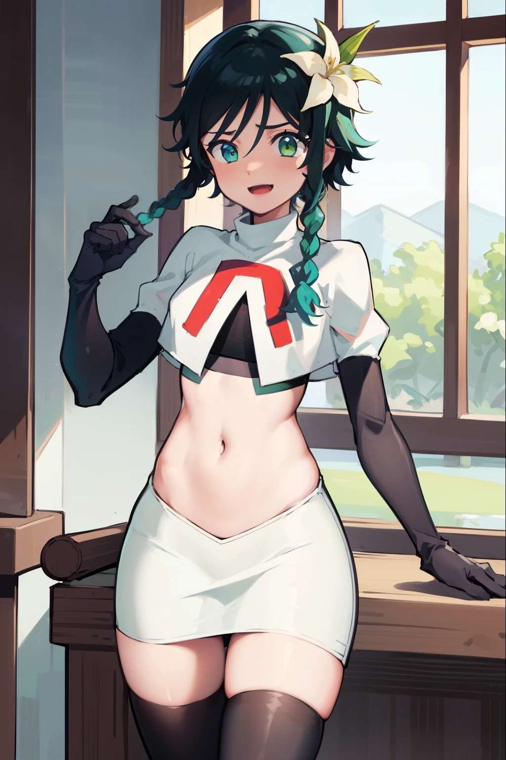 absurdres,venti,1boy, male focus, trap,black hair, green-blue hair, hair braid,hair flower,aqua green eyes,crossdressing,1boy,team rocket,team rocket uniform,white skirt,red letter R,crop top,black thigh-highs,black elbow gloves, laughing,happy, blush