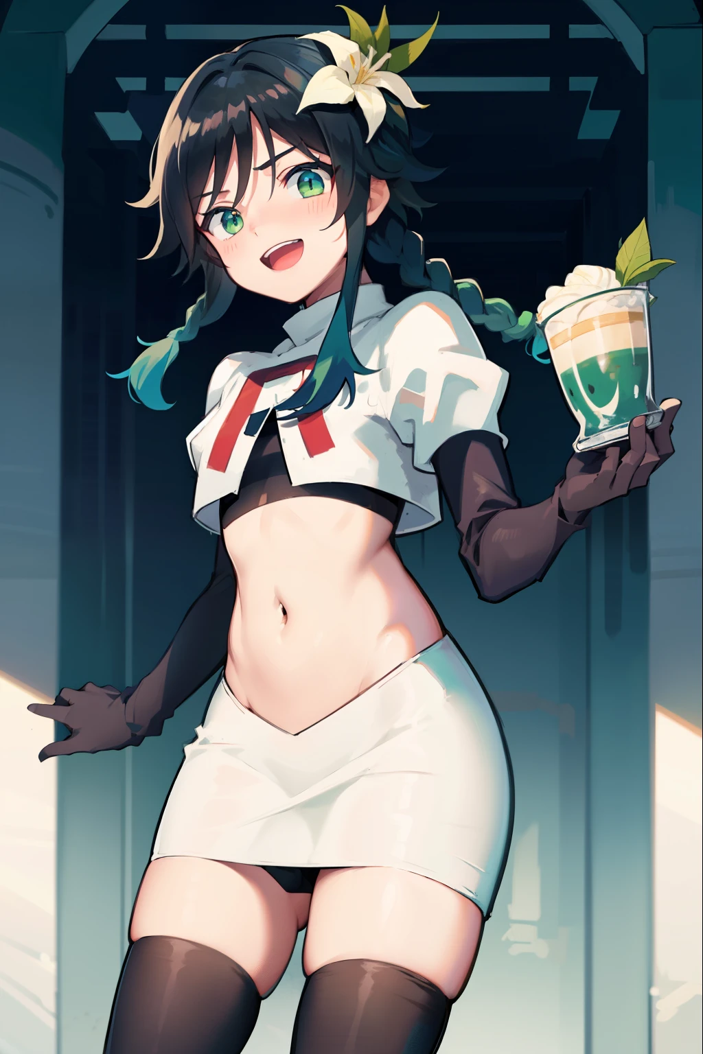 absurdres,venti,1boy, male focus, trap,black hair, green-blue hair, hair braid,hair flower,aqua green eyes,crossdressing,1boy,team rocket,team rocket uniform,white skirt,red letter R,crop top,black thigh-highs,black elbow gloves, laughing,happy, blush