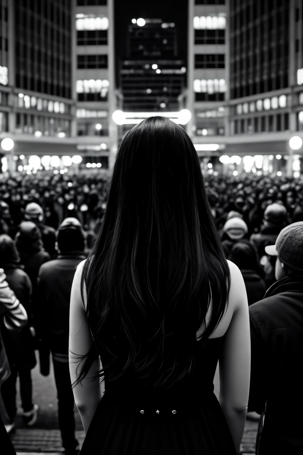 A black and white portrait of a lone woman, facing a crowd of people, took from behind, photorealistic, illustration, insanely detailed