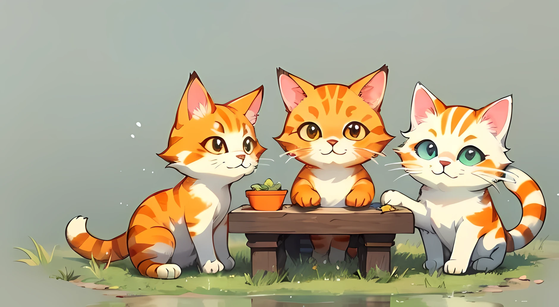 group of cute cats dining on grass, watercolor, simple background, minimal, cute, small, pastel colour, play with cat toys、lively、orange cat