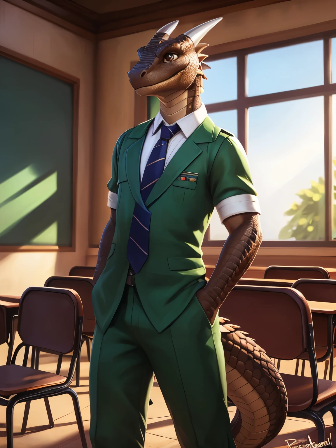 (by pixelsketcher), (by personalami), solo,male,boy, dragon,scale, lizard ,detailed background, (cinematic lighting:1.1), (perfect focus:1.1), 8k hd, photo, (detailed eyes:1.2),depth of field, bokeh, subsurface scattering, wide ,(uniform, school uniform, green uniform, tie,green pants),full body, bright colors, (furry detail), school background, chairs, classroom, window,photorealistic, ultra realistic,realistic,smile,(scale),(realistic scales:1.1),(tail), (extreme scale),solo,((Brown scales,Brown skin)), Brown eyes, beautiful brown eyes, detailed eyes,full body,sexy legs,pixar style eyes,standing, posing