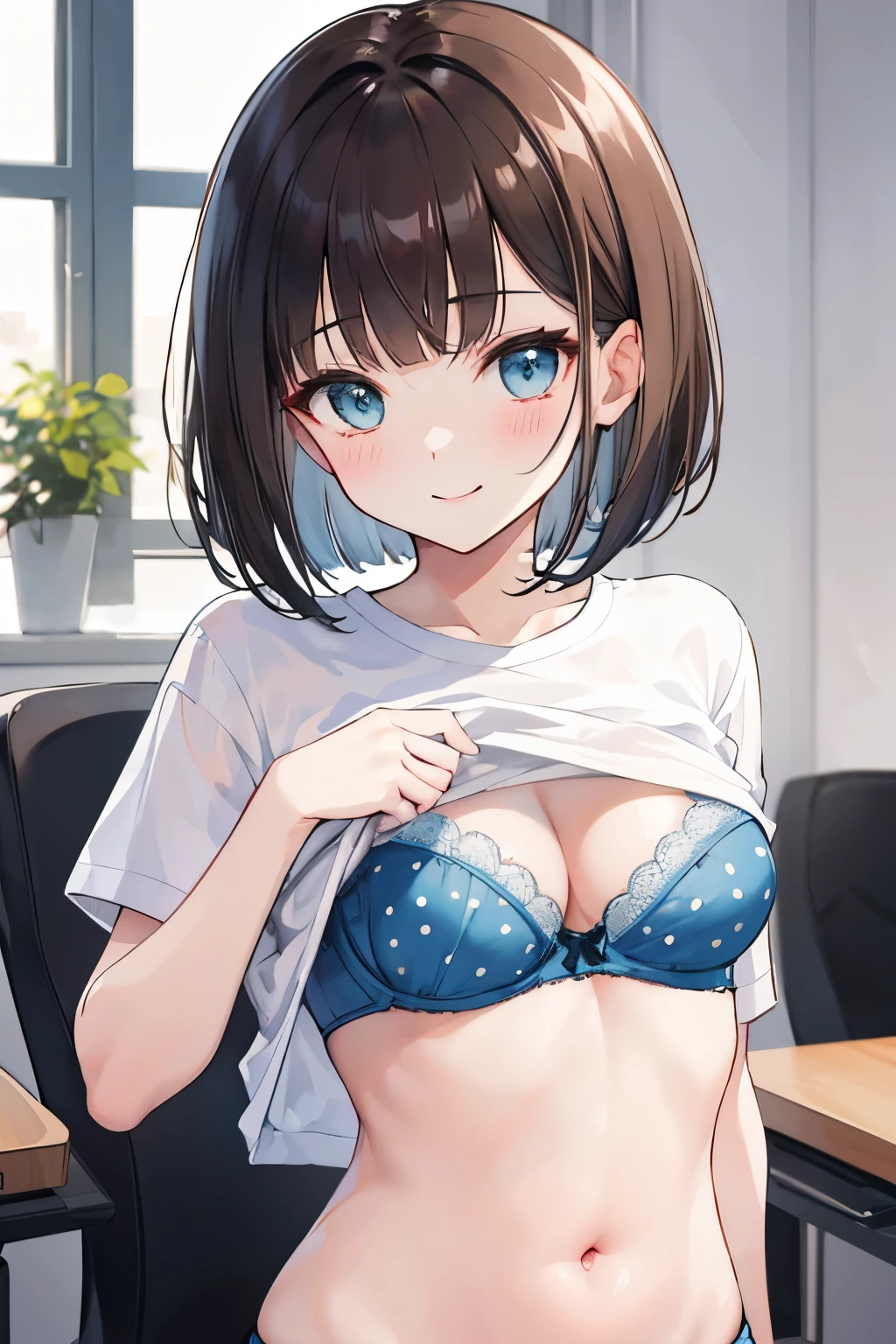 frame in, from right in front of face and body, view straight on, upper body, High quality, very high res, High quality, very high res, cute girl, brown hair, forehead, blunt bangs, bob cut, blush,Brushed up bangs, wearing a plain t-shirt, shirt lift, see light blue polka dot bra, medium breasts, I can see your belly button, upright, naughty way to sit, smile, at office