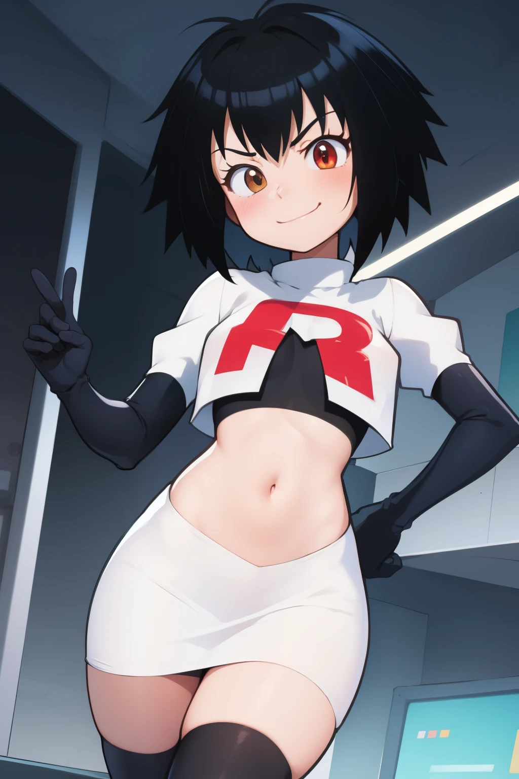 masterpiece, best quality, peni parker ,smug smile  ,team rocket,team rocket uniform,white skirt,red letter R,crop top,black thigh-highs,black elbow gloves, pose 