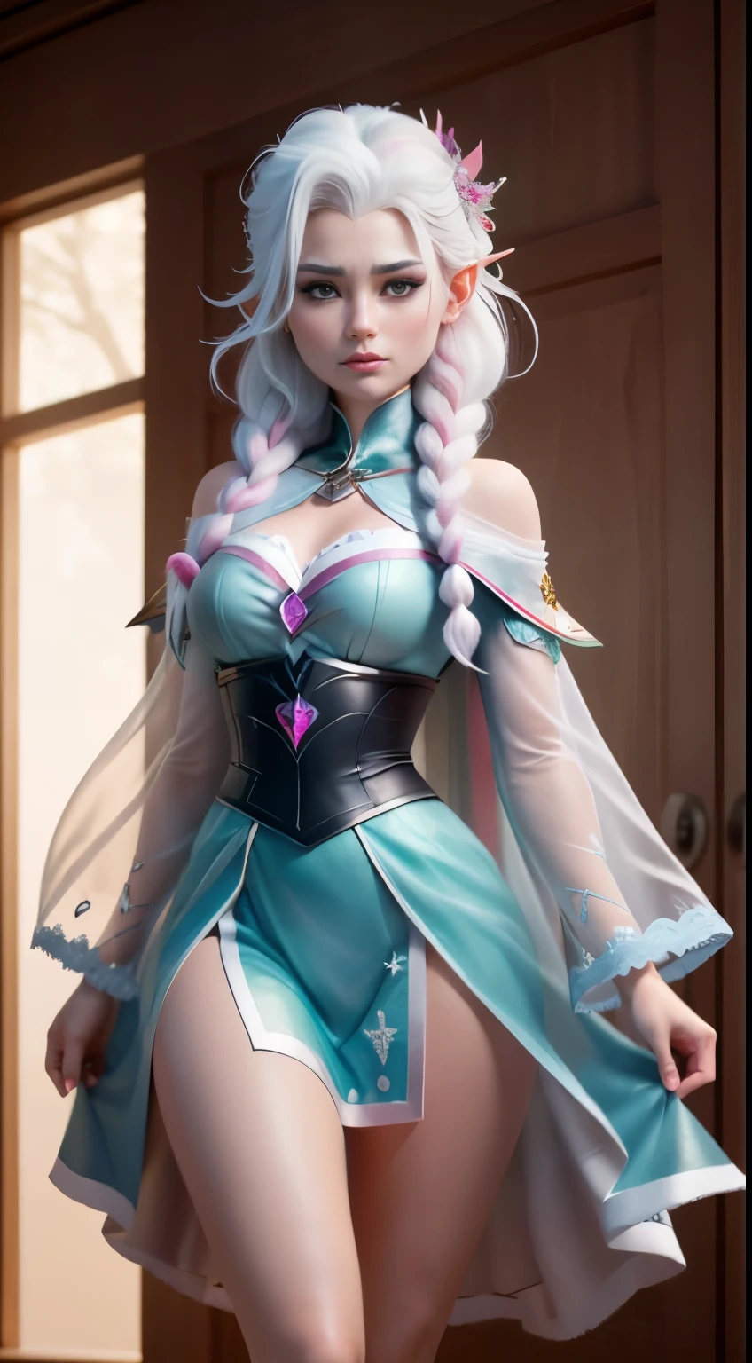 Elfgirl (Komi-san-Elsa frozen Disney mezclando modelos .) (ultra FUSION of white and pink hair) Highly detailed CG unity 8k wallpaper, style shot, complex, high detail, dramatic, highest quality movie still image, very detailed, masterpiece, best quality, character design, Elsa, Elsa from Frozen,Komi-san fusion (( Dark style)), realistic ultra-detailed rendering style, natural light, sharp character design, (hard focus, 8k), (((natural skin texture))), 8k textures, soft cinematic lighting, adobe lightroom, dark room, hdr, Sophisticated, Elegant, Rich Detail, Sharp Focuilm Look) )), Soothing Tones, Detail Frenzy, Intricate Detail, Super Detail, Low Contrast, Soft Film Lighting, Dull Colors, Exposure Blending, HDR, Fade, 35mm, f/1.4, ISO64, f16, 25 sec.