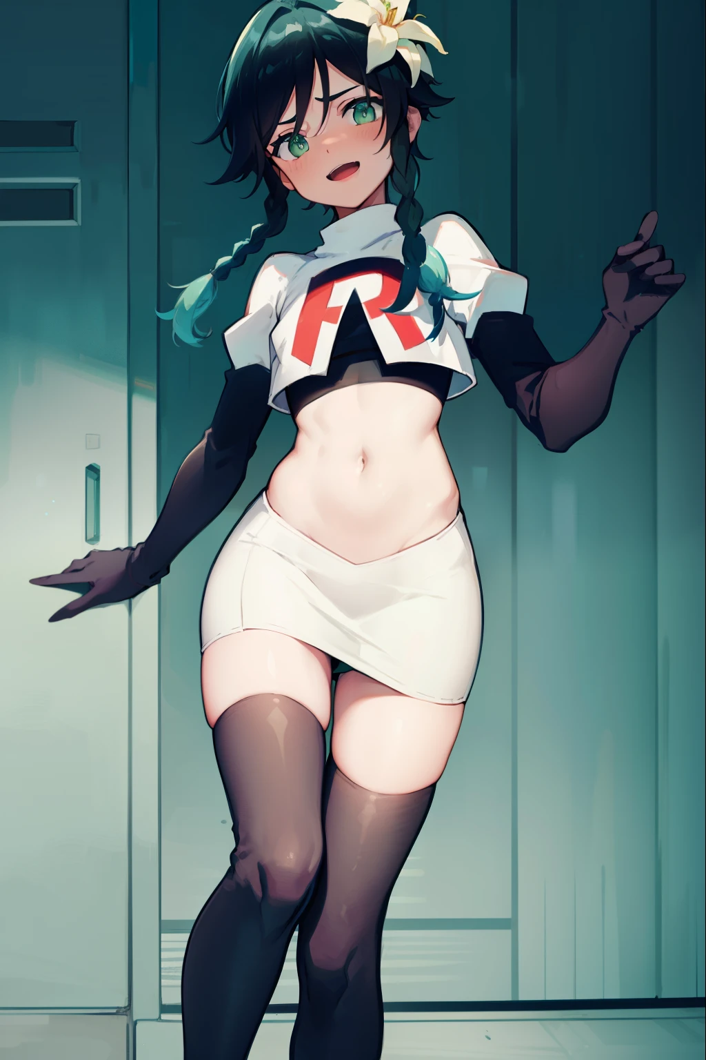 absurdres,venti,1boy, male focus, trap,black hair, green-blue hair, hair braid,hair flower,aqua green eyes,crossdressing,1boy,team rocket,team rocket uniform,white skirt,red letter R,crop top,black thigh-highs,black elbow gloves, laughing,happy, blush