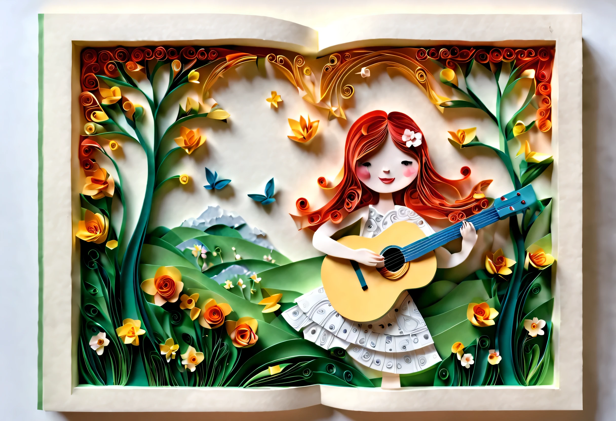 (paper art,layered paper art,paper quilling,paper cutting,Paper art),pure white background, open a vertical book,girl singing with guitar in hand,spring