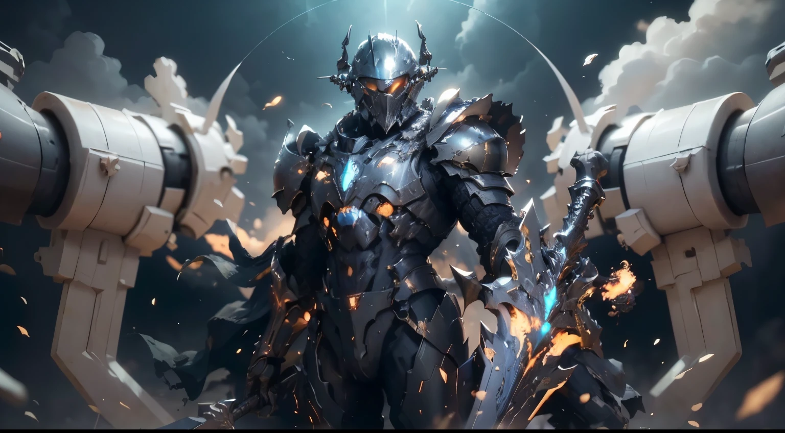 um homem, V-shaped mechanical helmet, olhos de capacete com luz vermelha, vestindo um terno mech Doom Slayer sexy preto, holding  one axe larga amarela brilhante com efeito de luz vermelha,Flames A Place in Hell Destroyed in the Apocalypse, realista, melhor qualidade de imagem, highest definition and clarity, Original, High detail, Action painting, , Cinematic lighting, ray tracing, luz refletida, cowboy shot, Close-up, desenho de postura de batalha, Camadas, luz suave,